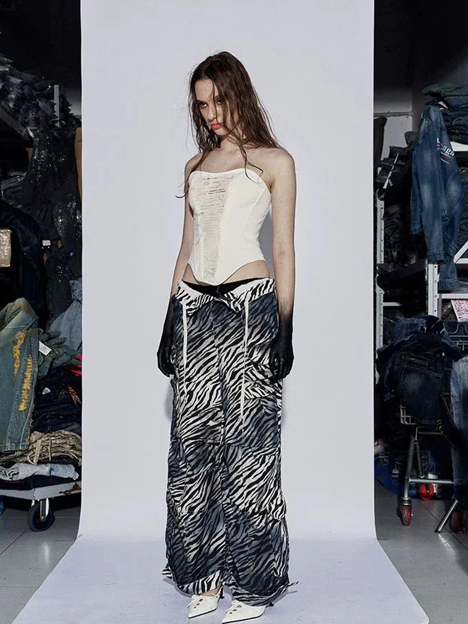 FayChui Distressed Zebra Print Low Rise Cargo Pants
