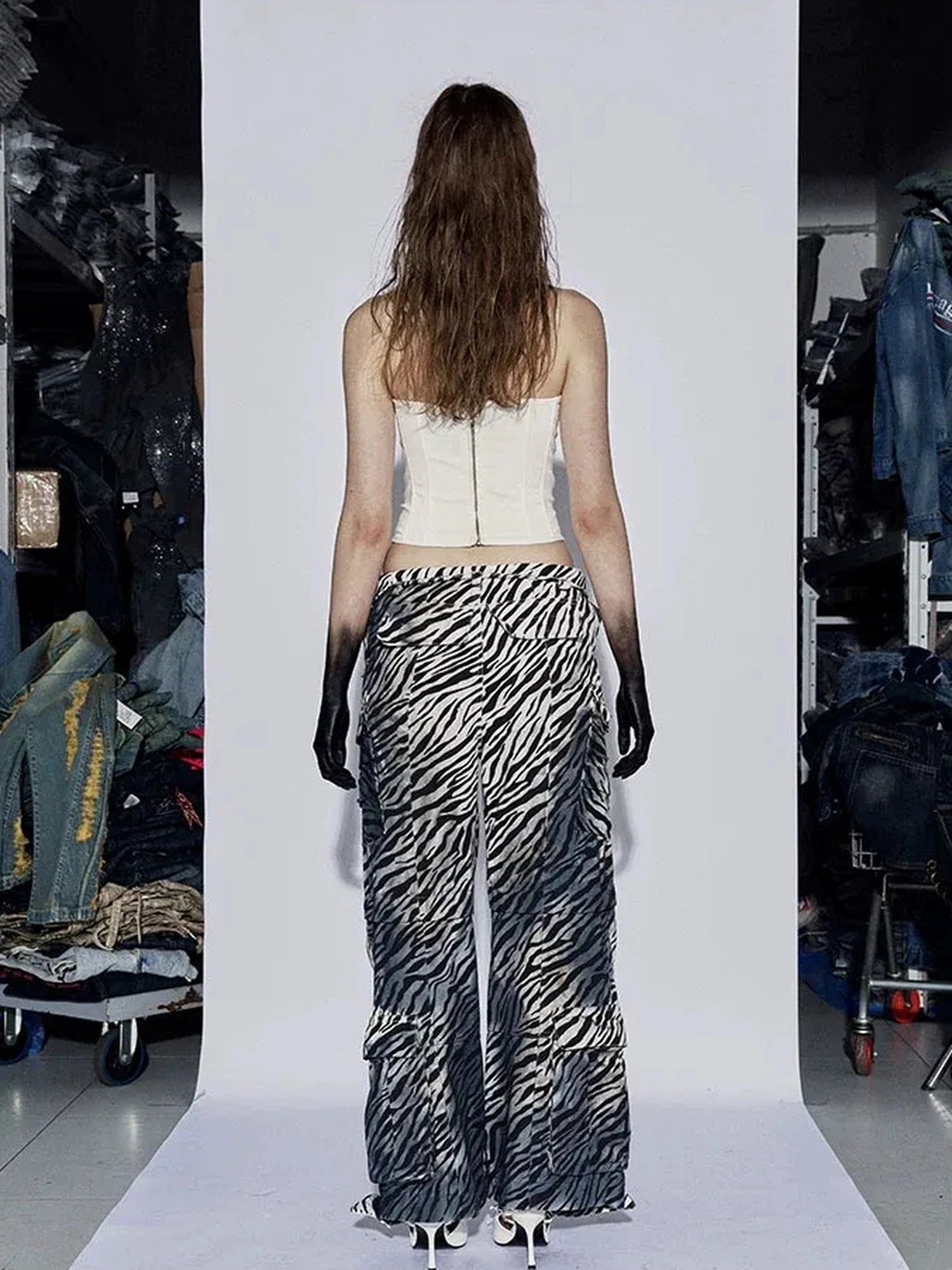 FayChui Distressed Zebra Print Low Rise Cargo Pants