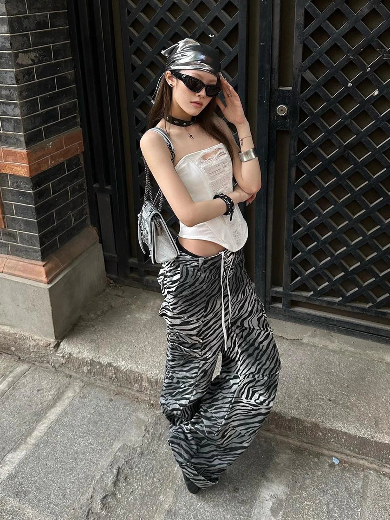 FayChui Distressed Zebra Print Low Rise Cargo Pants