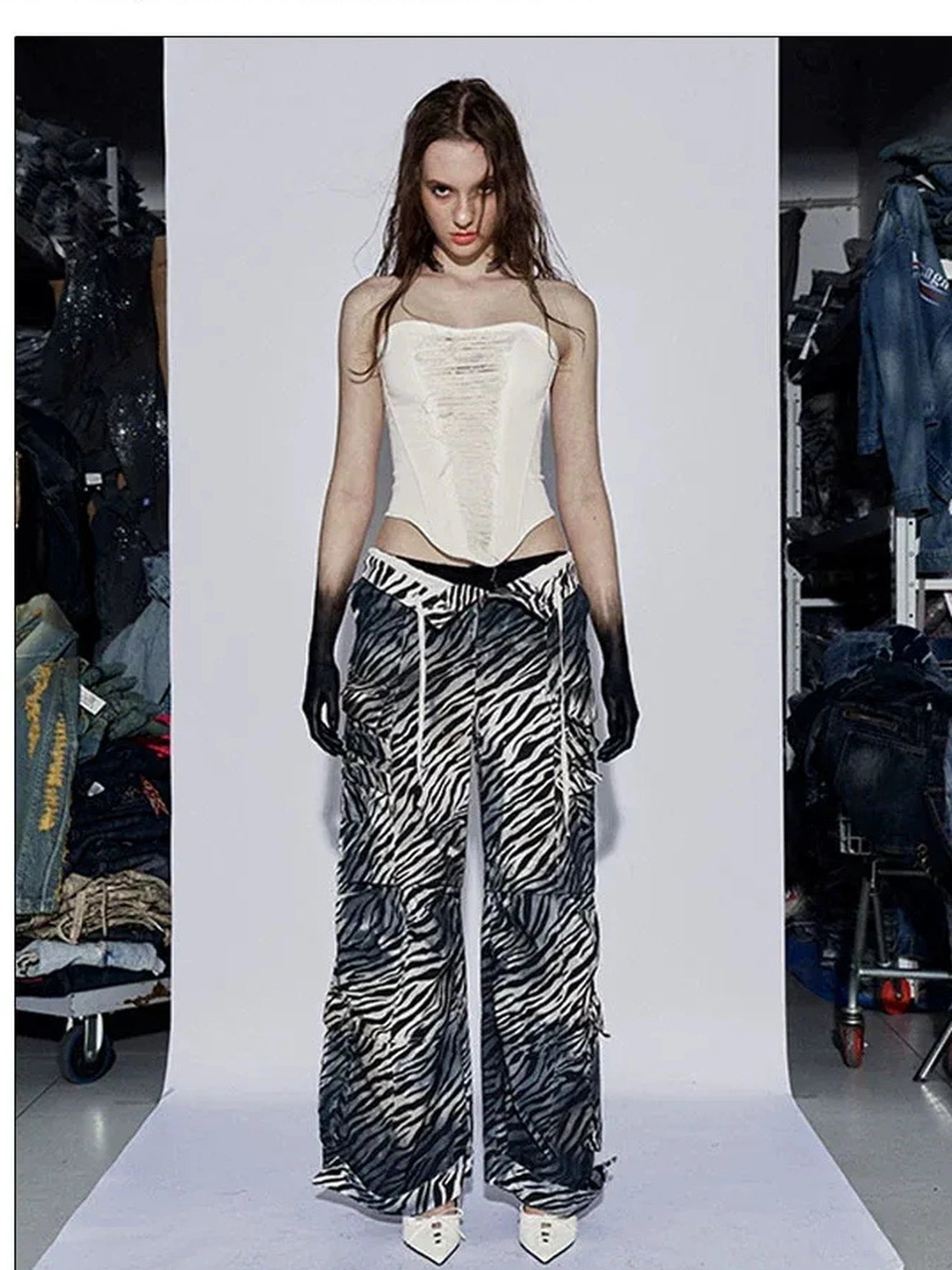 FayChui Distressed Zebra Print Low Rise Cargo Pants