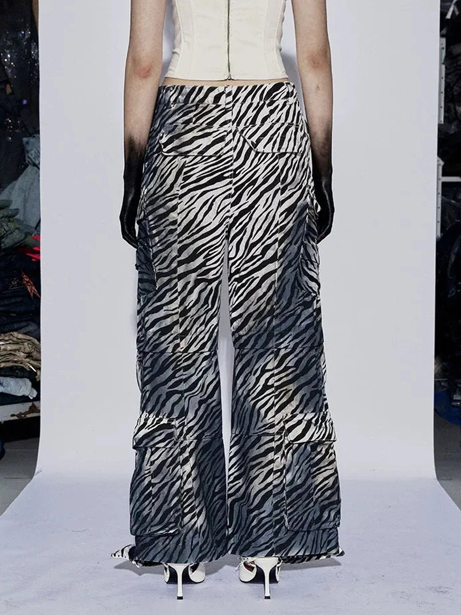 FayChui Distressed Zebra Print Low Rise Cargo Pants