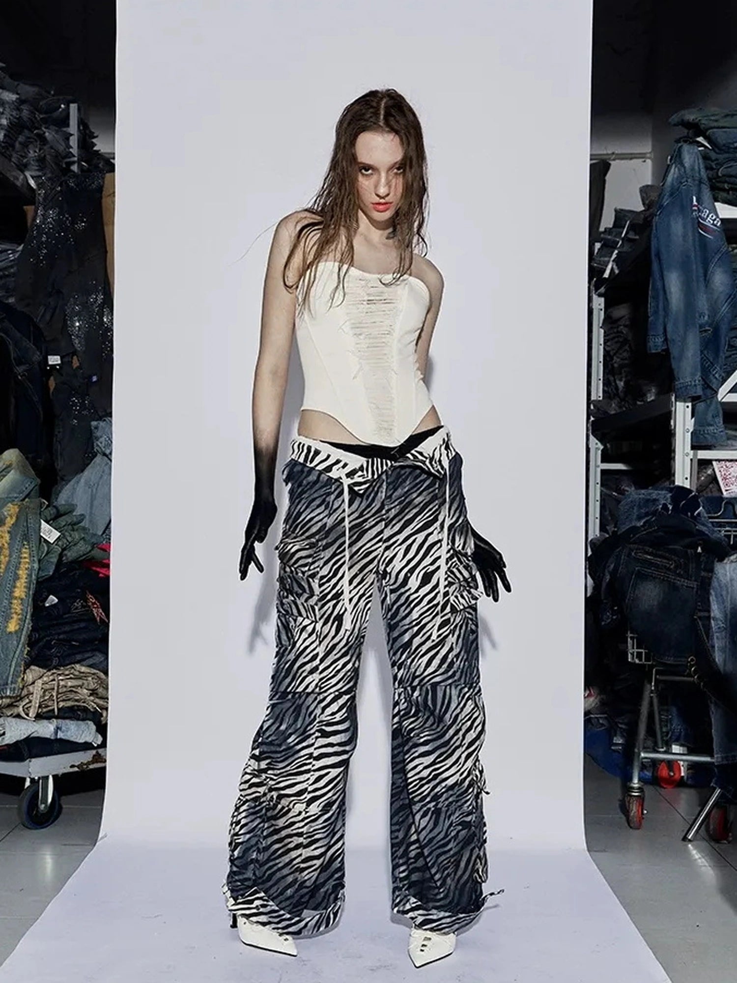 FayChui Distressed Zebra Print Low Rise Cargo Pants