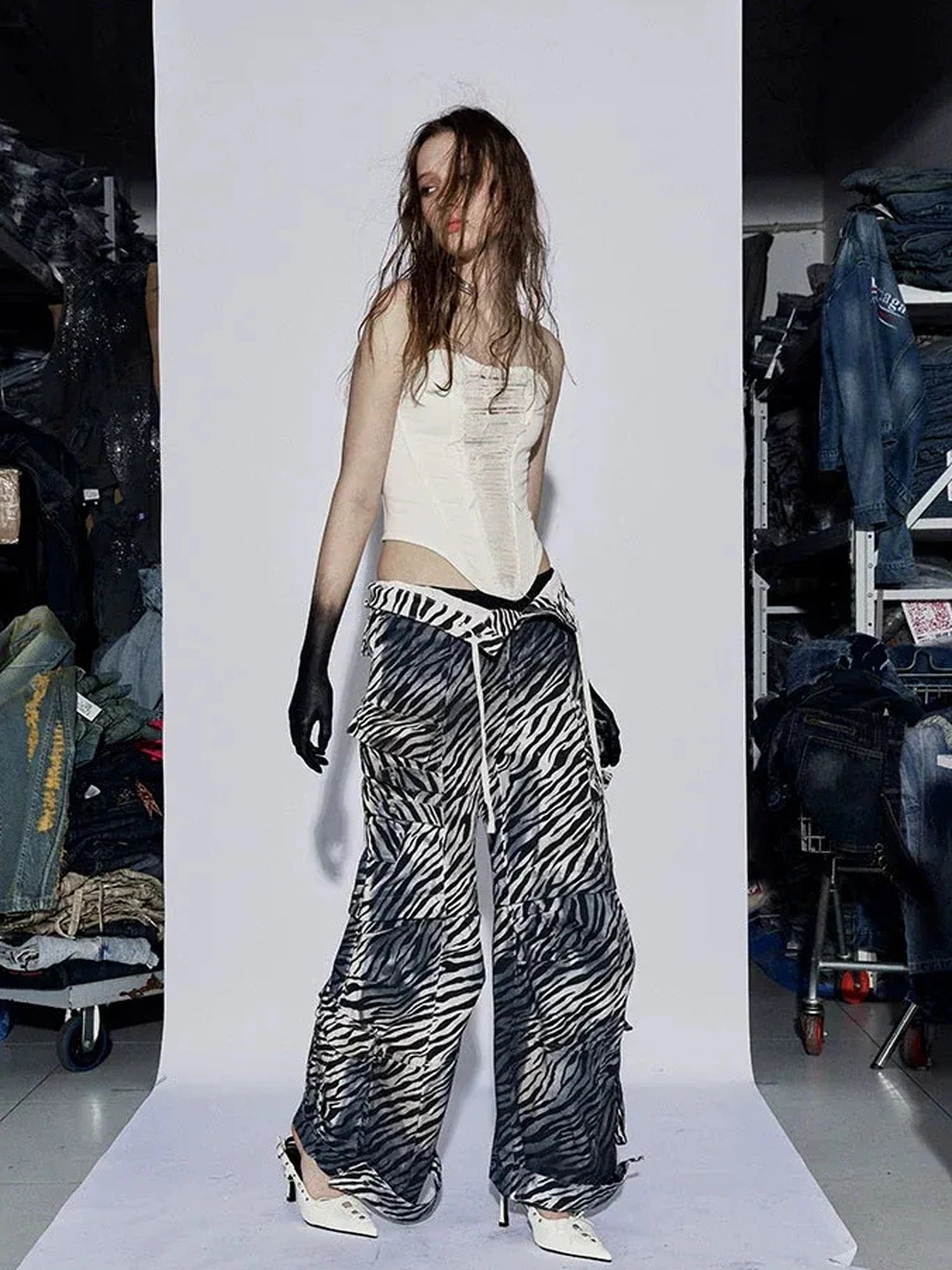 FayChui Distressed Zebra Print Low Rise Cargo Pants