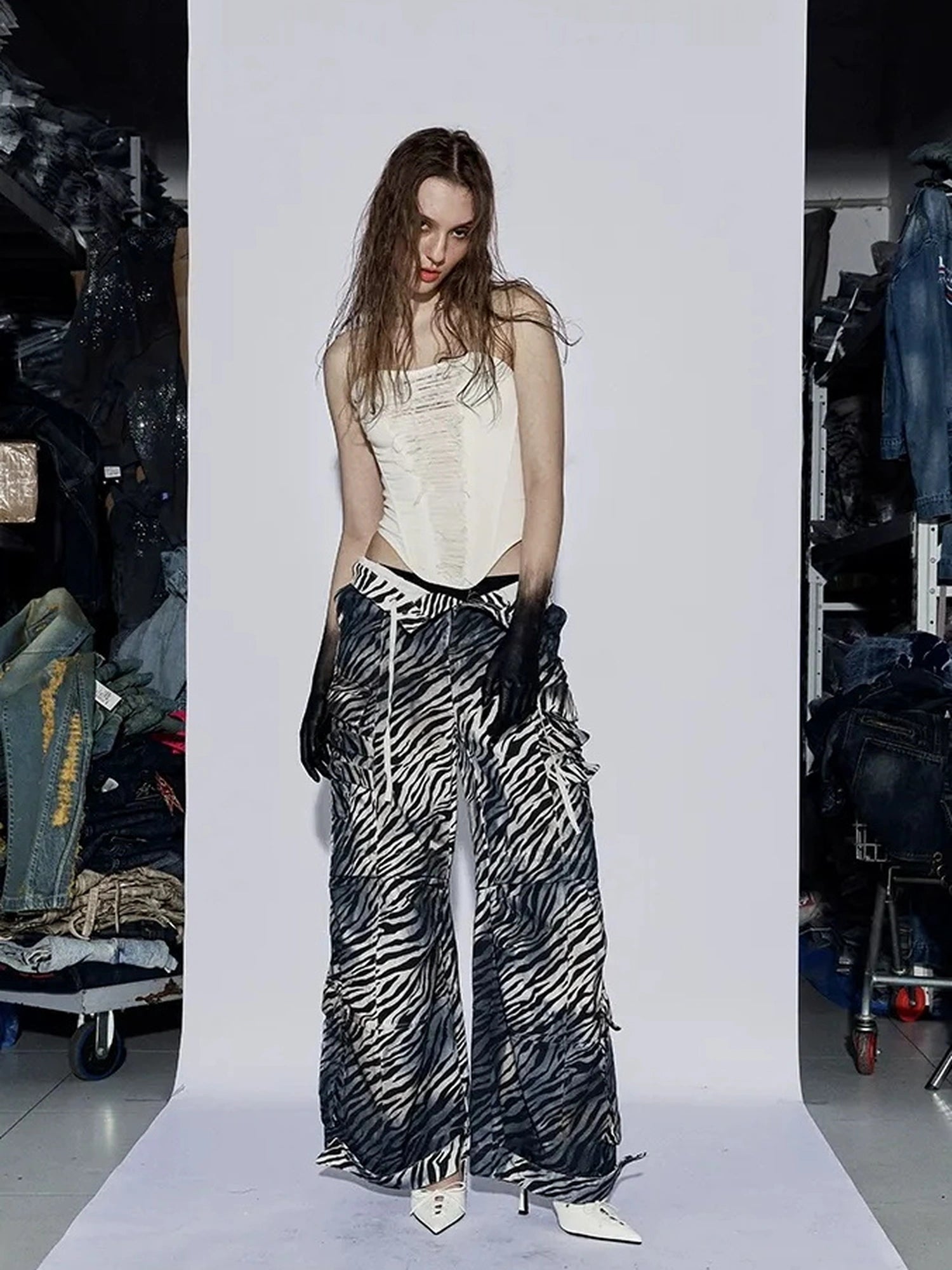 FayChui Distressed Zebra Print Low Rise Cargo Pants