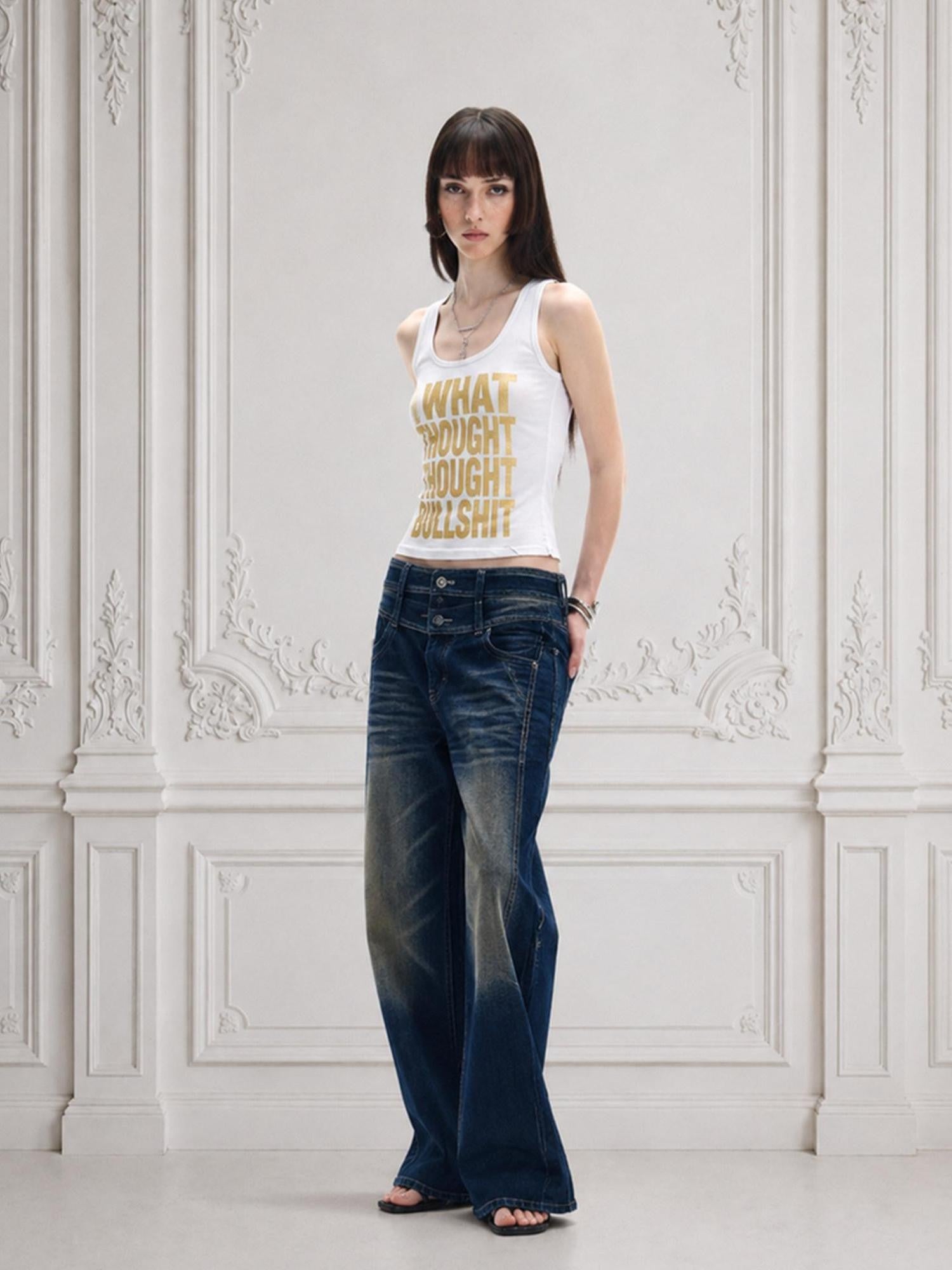 FayChui Double Waist Lightning Washed Distressed Women&