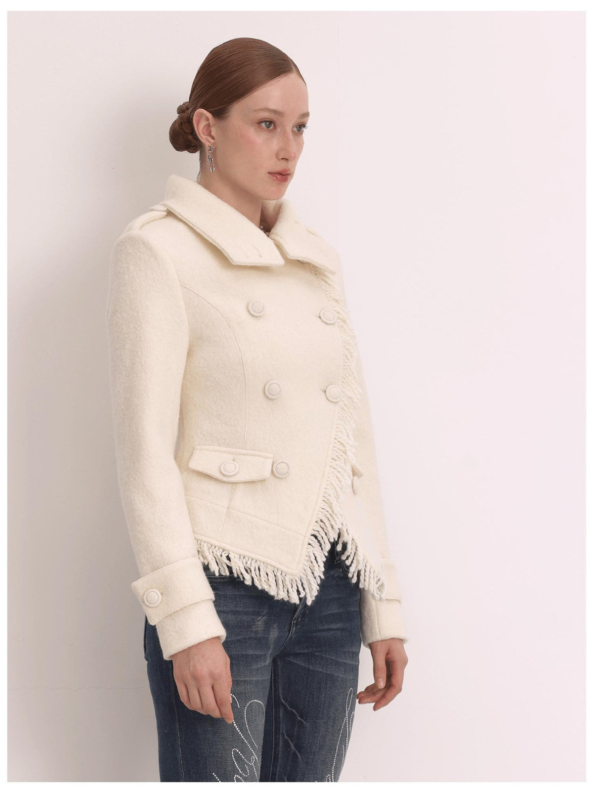 FayChui Elegant Fringe Double Breasted Stand Collar Wool Women&