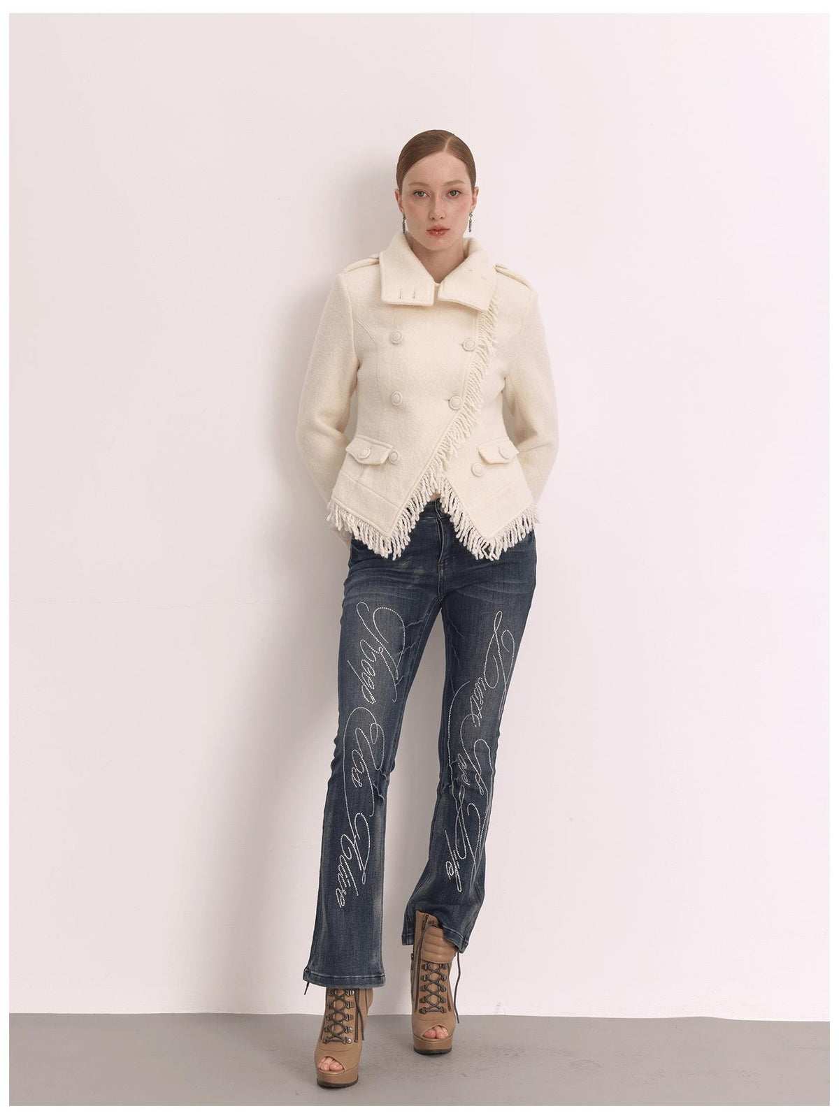 FayChui Elegant Fringe Double Breasted Stand Collar Wool Women&