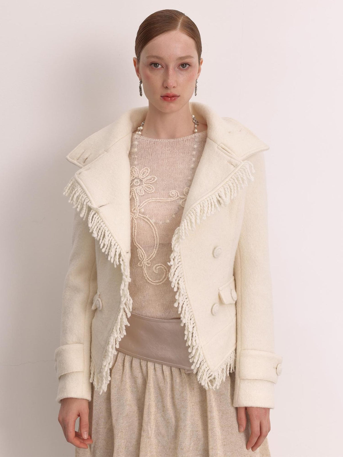 FayChui Elegant Fringe Double Breasted Stand Collar Wool Women&