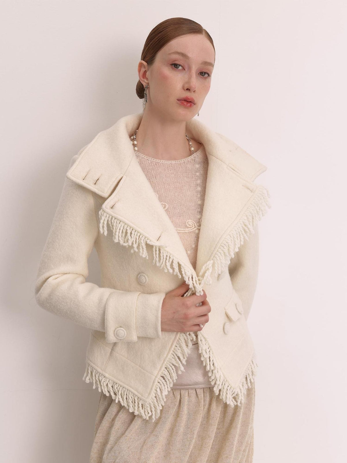 FayChui Elegant Fringe Double Breasted Stand Collar Wool Women&
