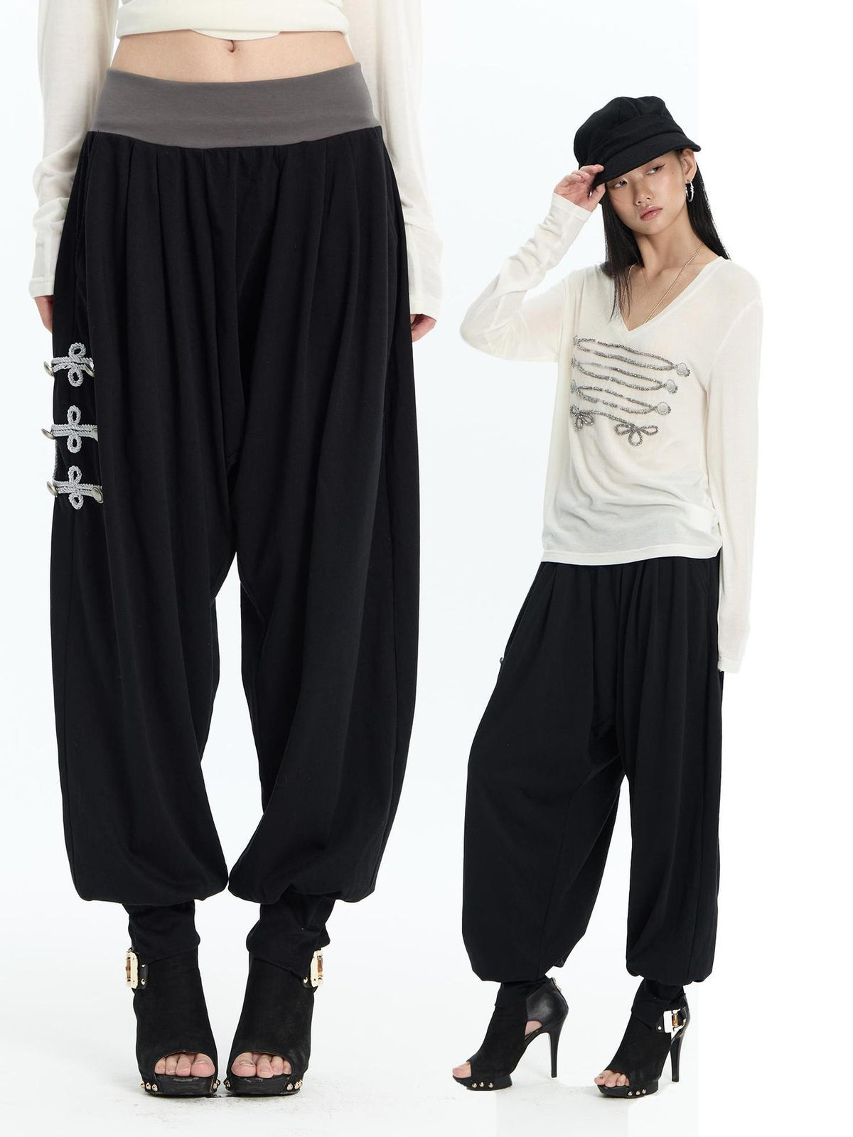 FayChui Embroidered Metal Detail Palace Style Low Waist Cotton Women&
