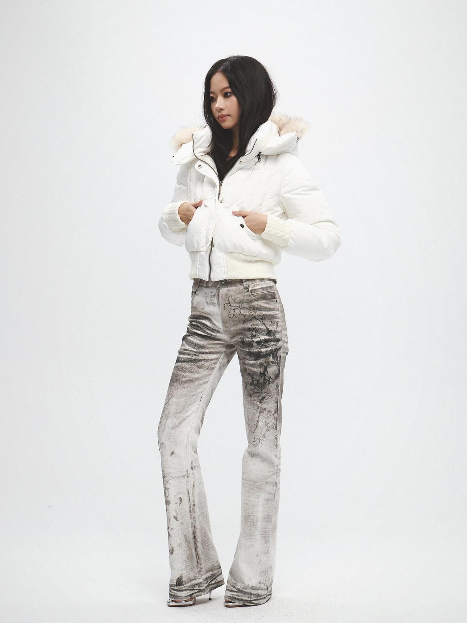 FayChui Fur Collar Cinched Waist Hooded 600fp White Duck Down Women&