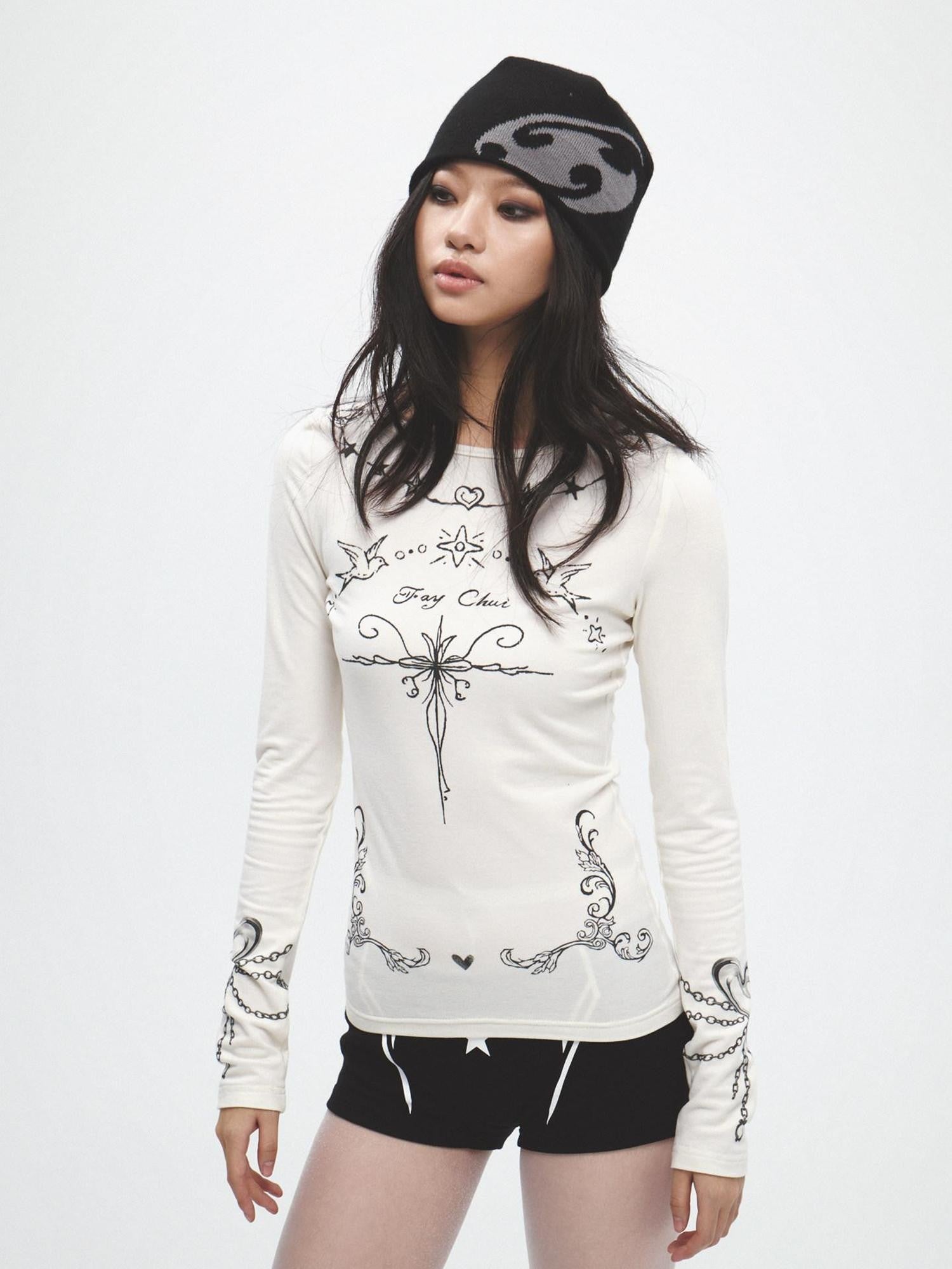 FayChui Graffiti Vintage Thorn Print Slim Women&