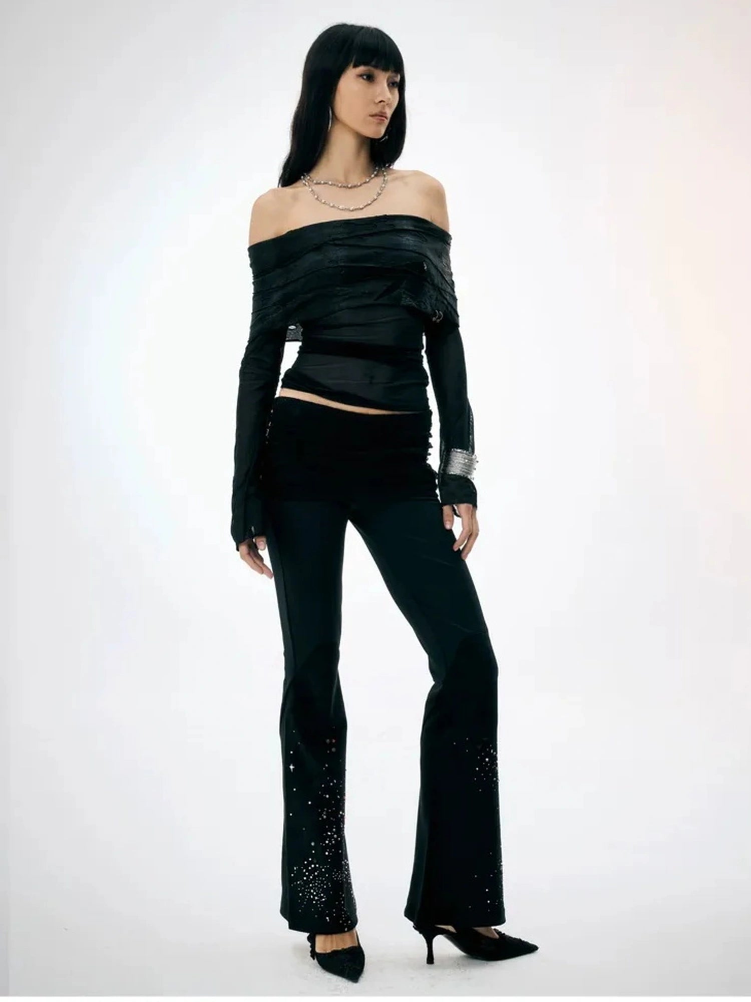 FayChui Lace Flared Trousers With Crystal Embellishments