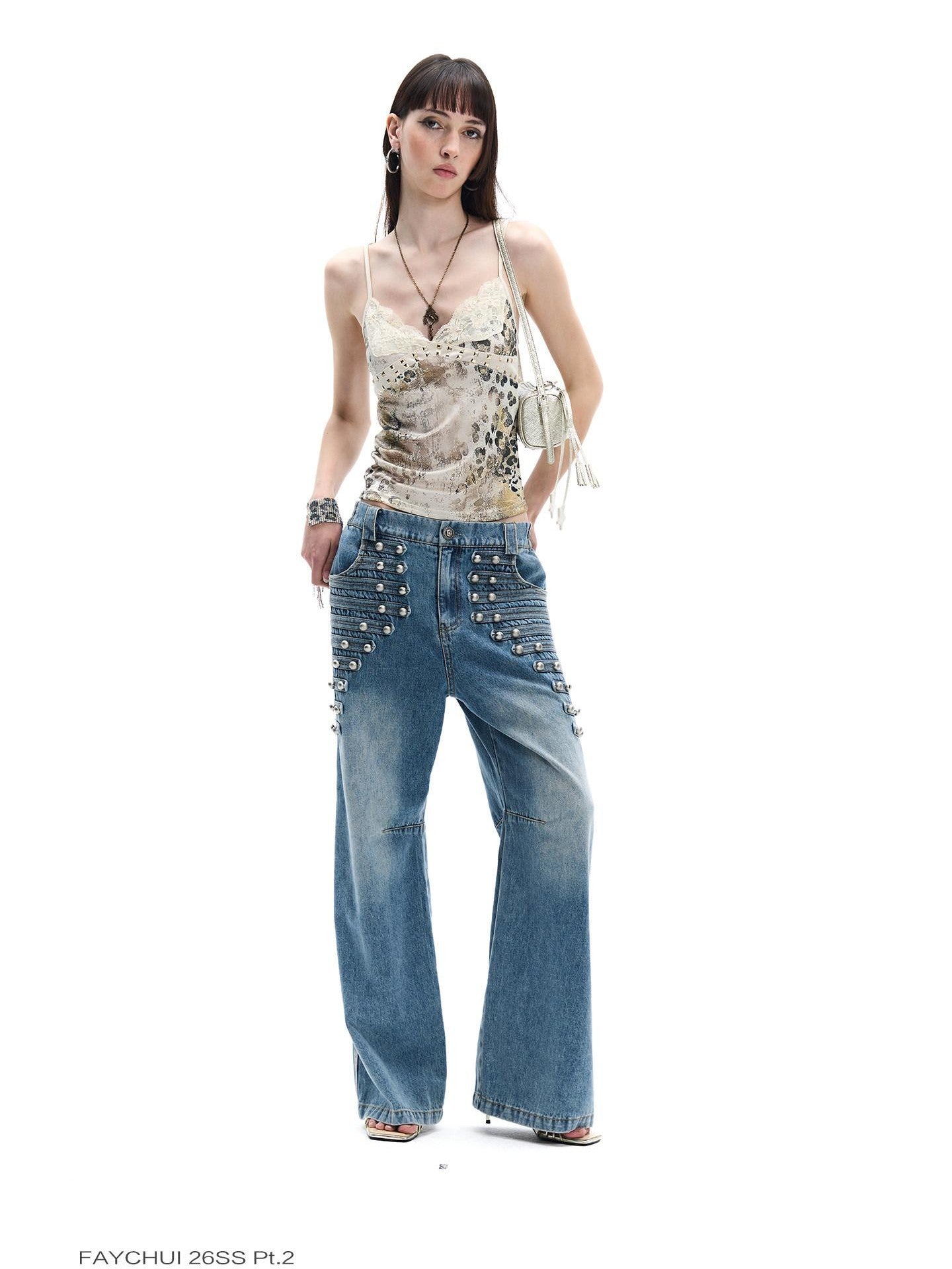 FayChui Leopard Print Studded Lace Trim V-neck Women&