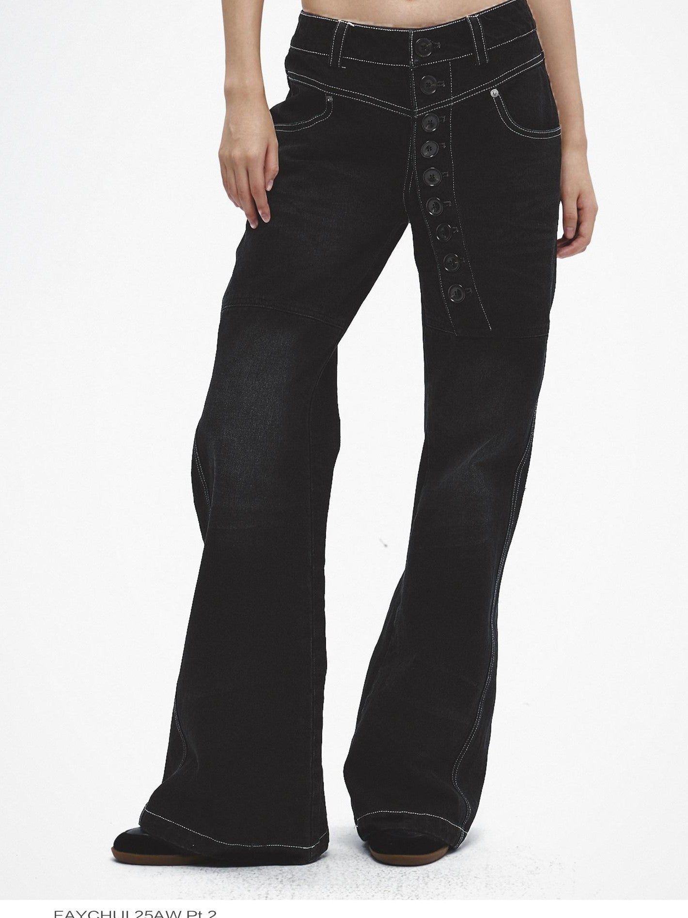 FayChui Long Button Laser Whisker Subtle Flare Washed Women&