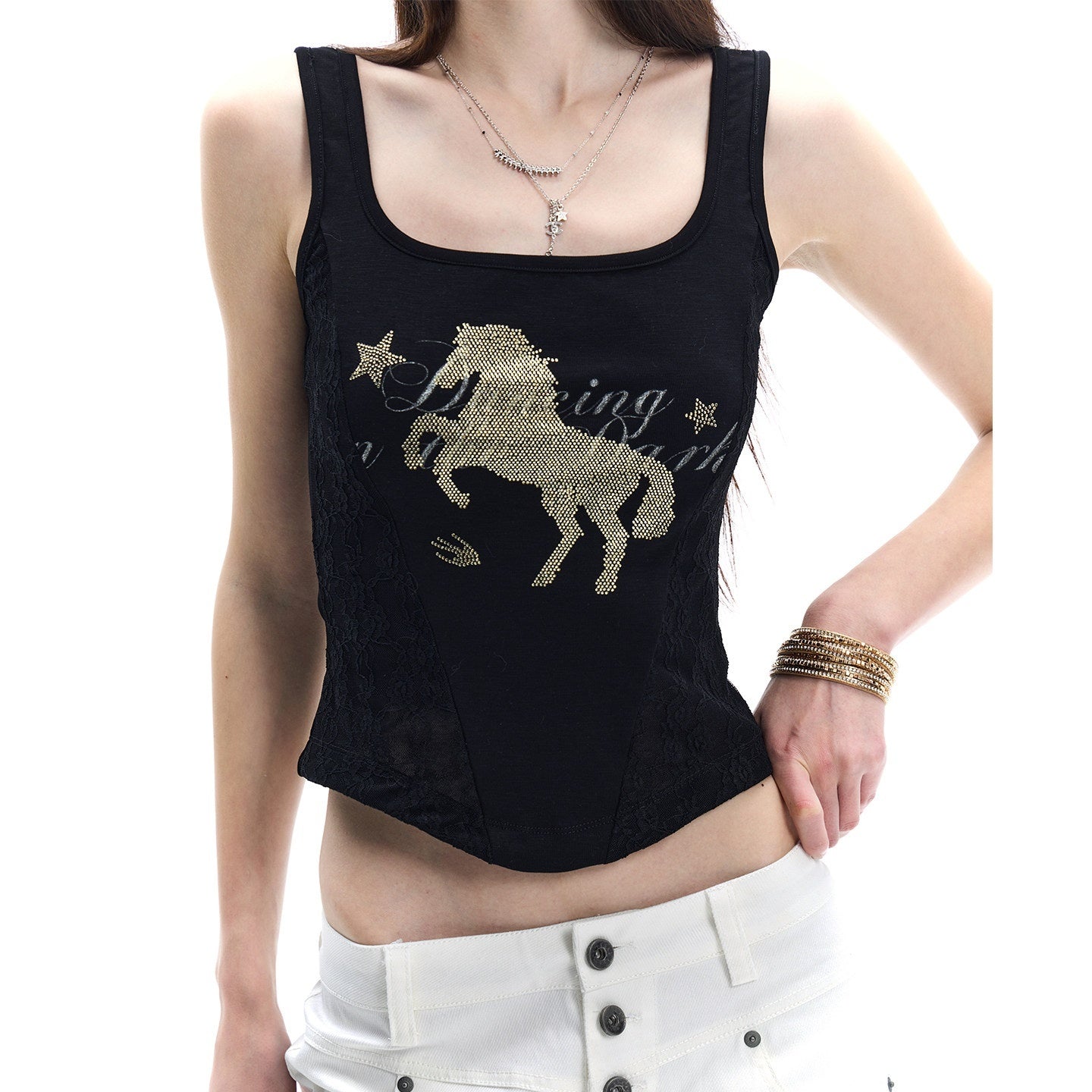 FayChui_Midnight_Black_Gold_Horse_Rhinestone_Square_Neck_Women&