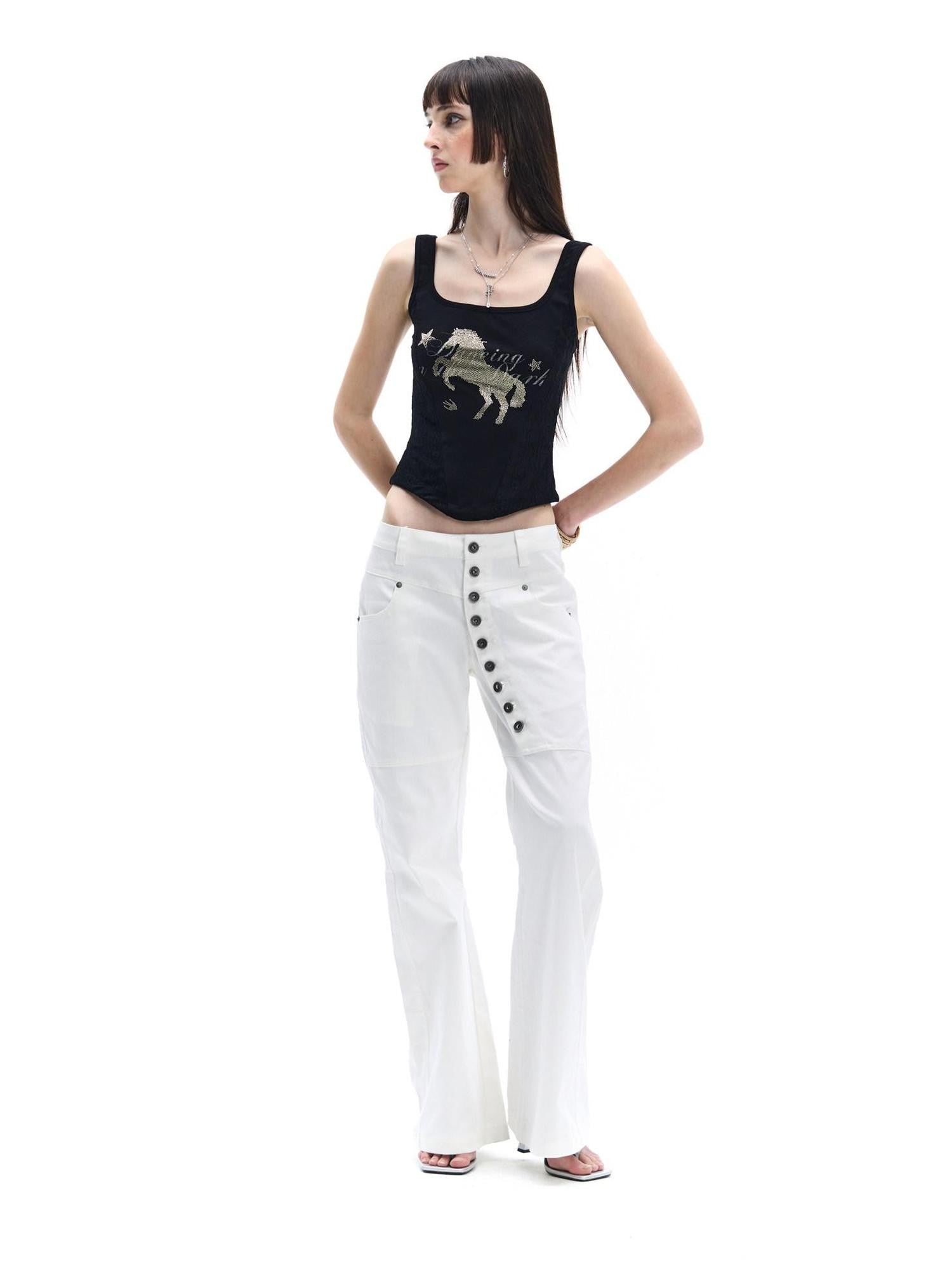 FayChui Midnight Black Gold Horse Rhinestone Square Neck Women&