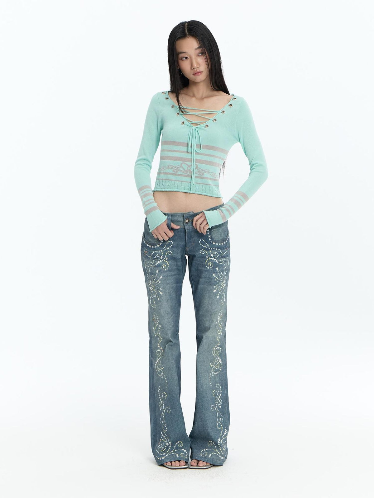 FayChui Mint Blue Lace Up Cutout Knit Slim Fit Women&