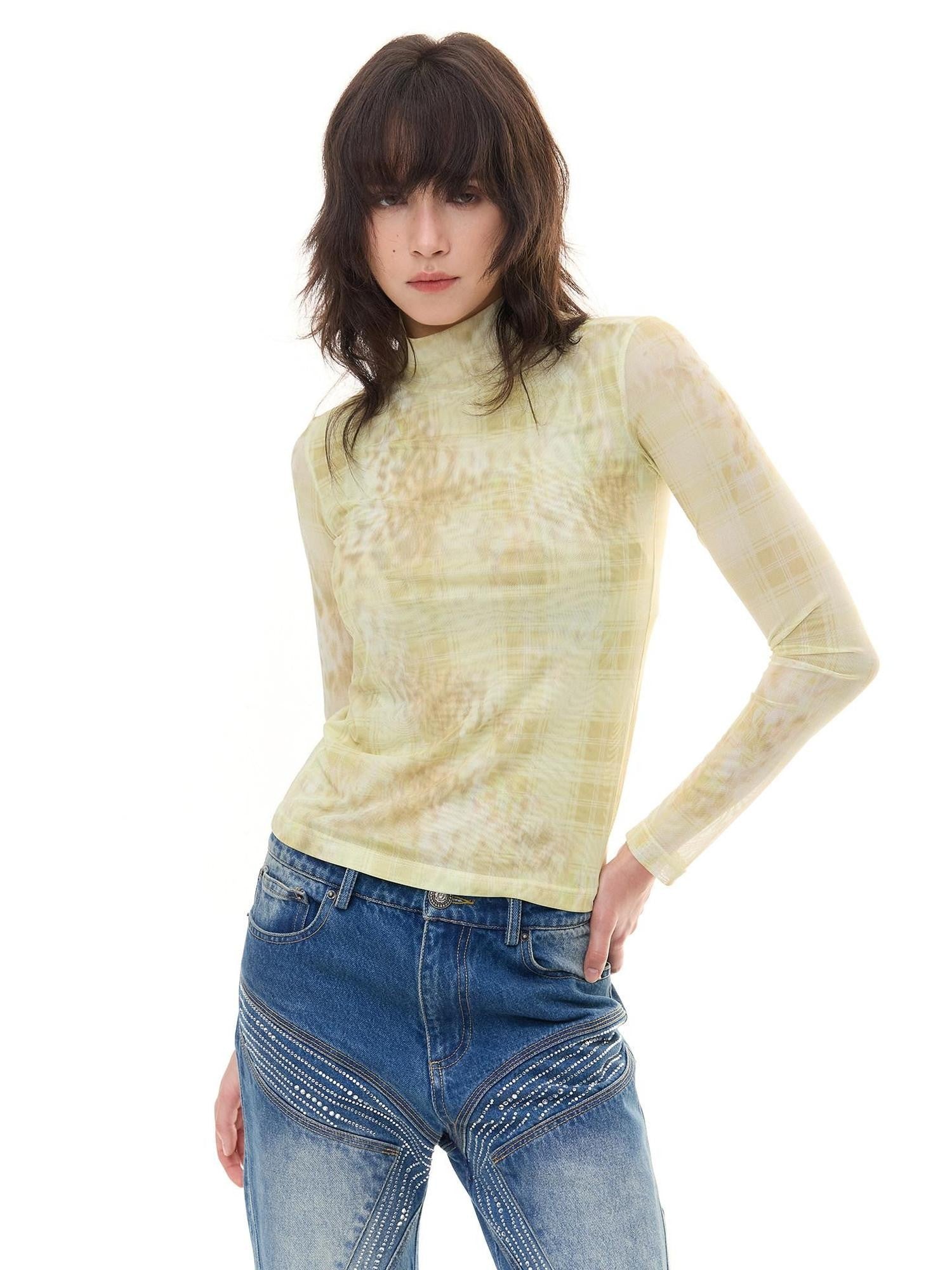 FayChui Pale Yellow Leopard Cross Print Slim Women&
