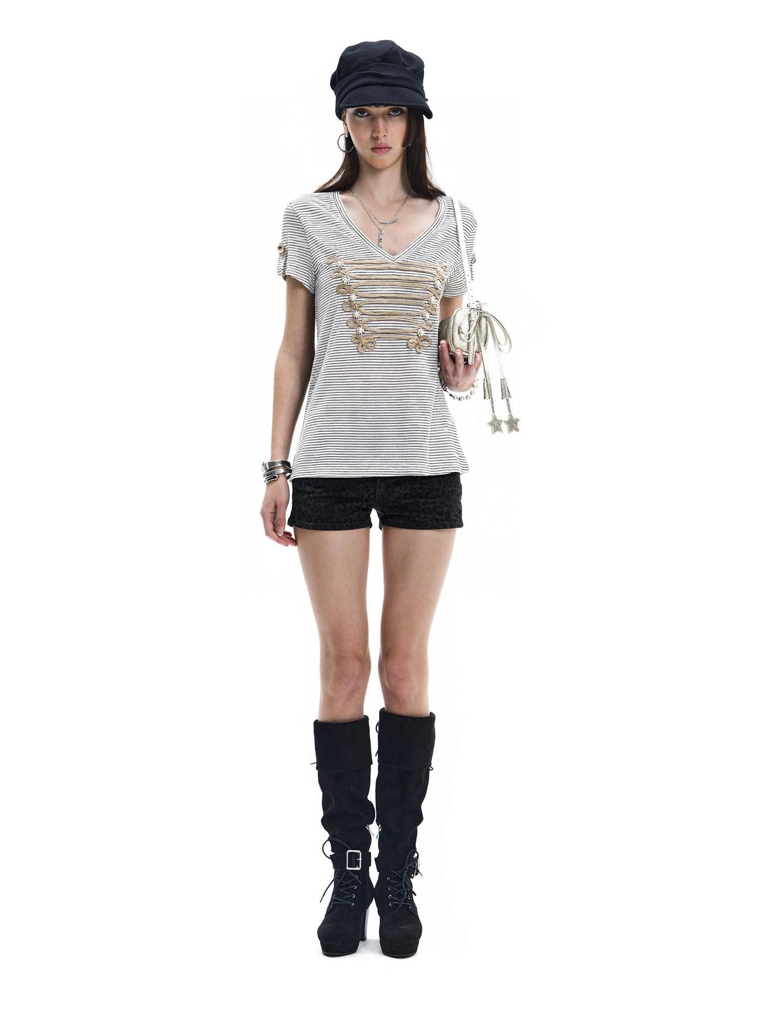 FayChui Pearl Embroidered Rope Knot Striped Court Women&