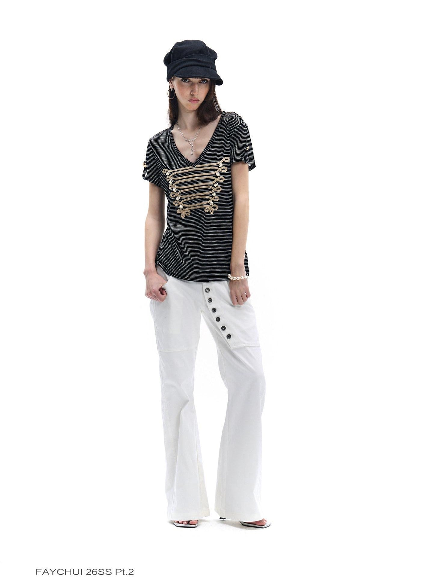 FayChui Pearl Embroidered Rope Knot Striped Court Women&