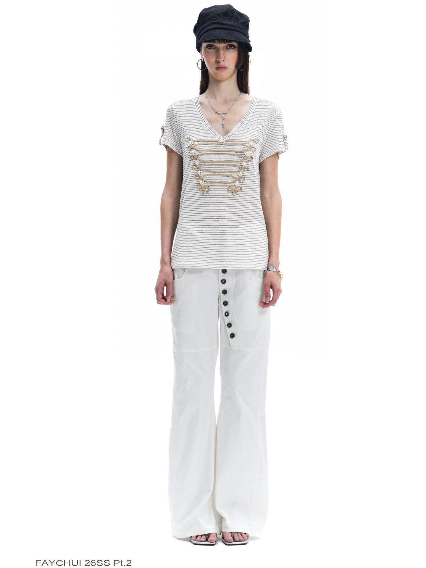 FayChui Pearl Embroidered Rope Knot Striped Court Women&