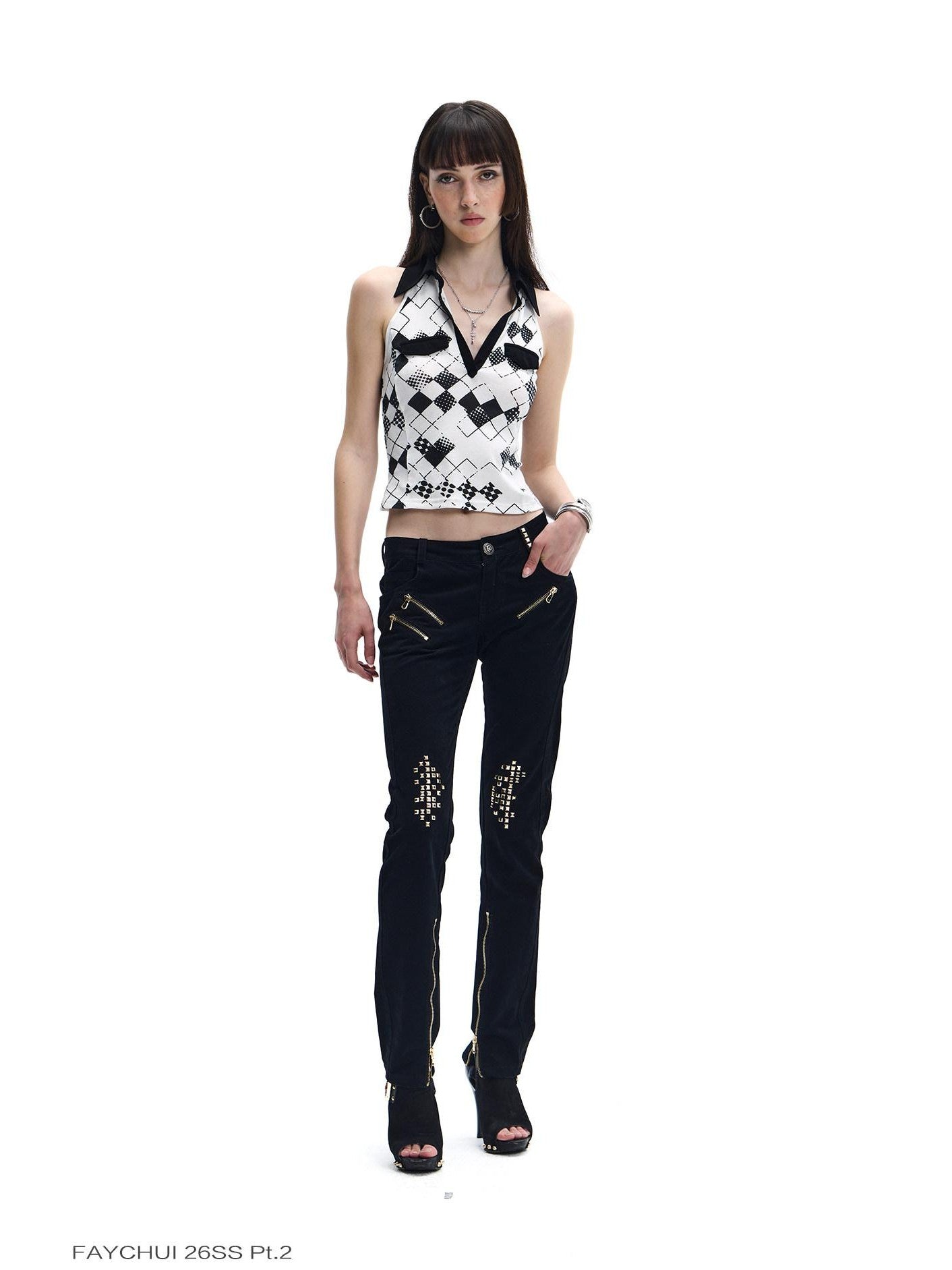FayChui Polka Dot Heart Diamond Gold Foil Polo Splice Women&
