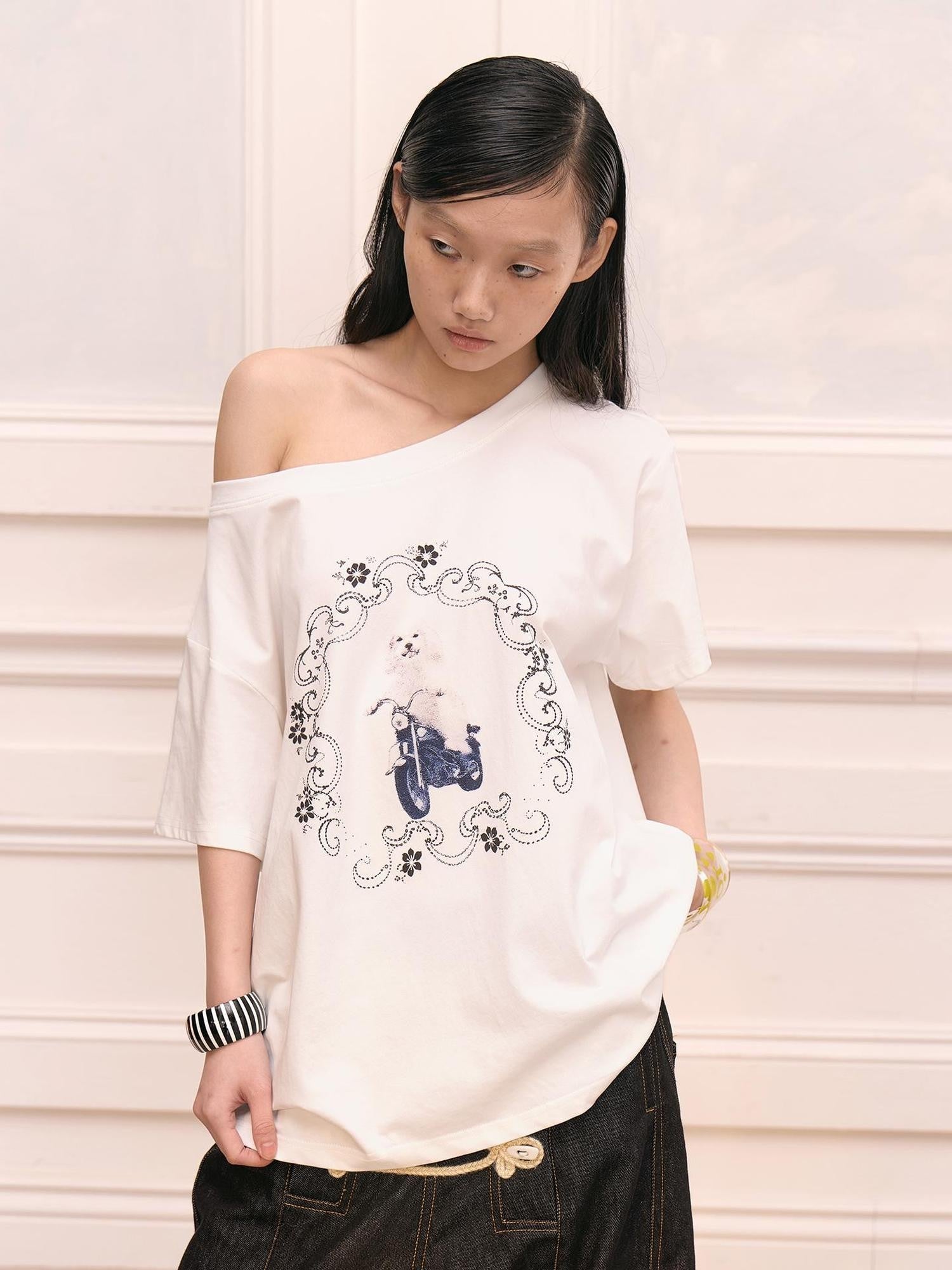 Quirky Dog Riding Print Slouchy Dropped Shoulder Women&