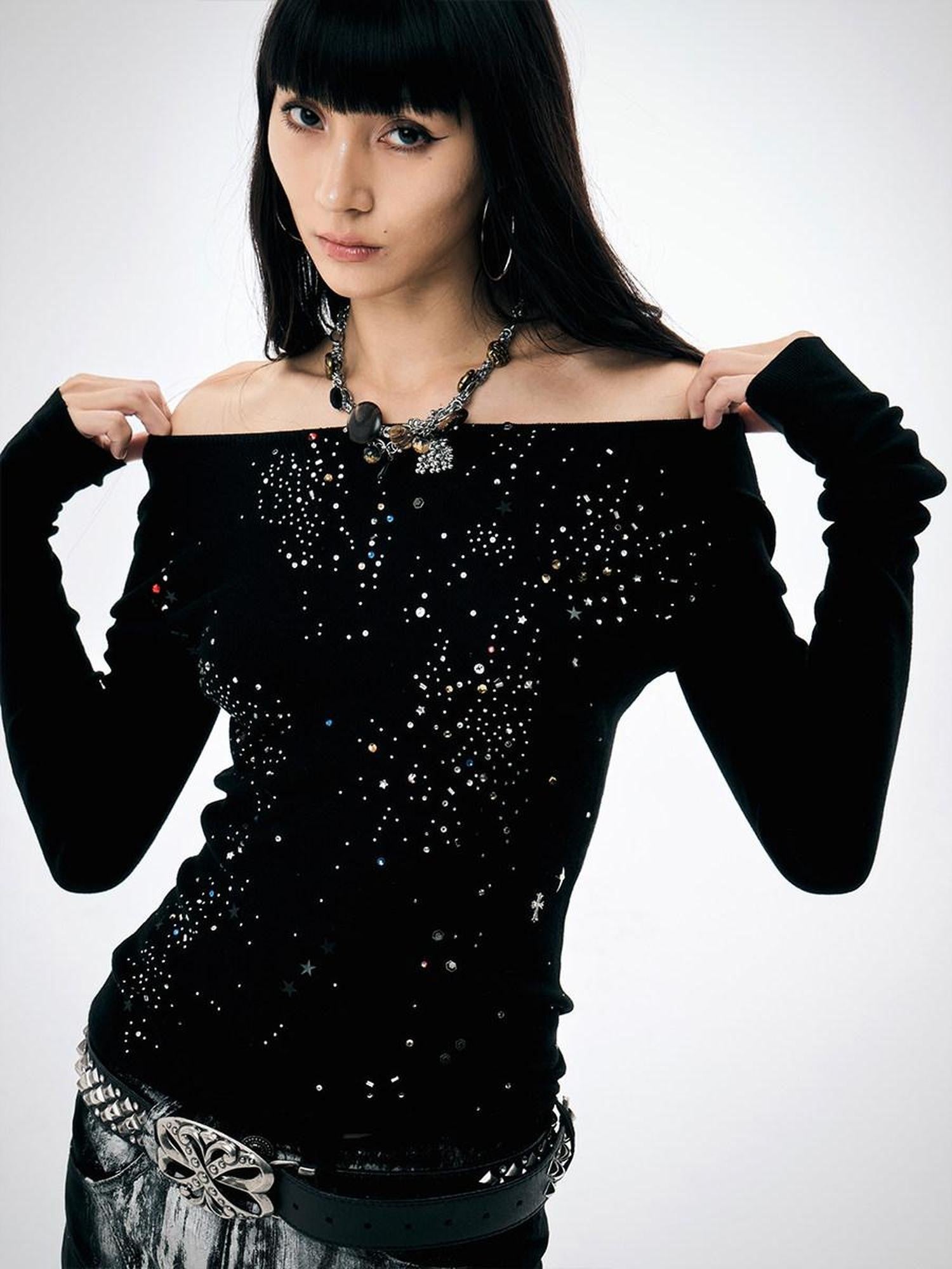 FayChui Rhinestone One Line Collar Slim Fit Women&