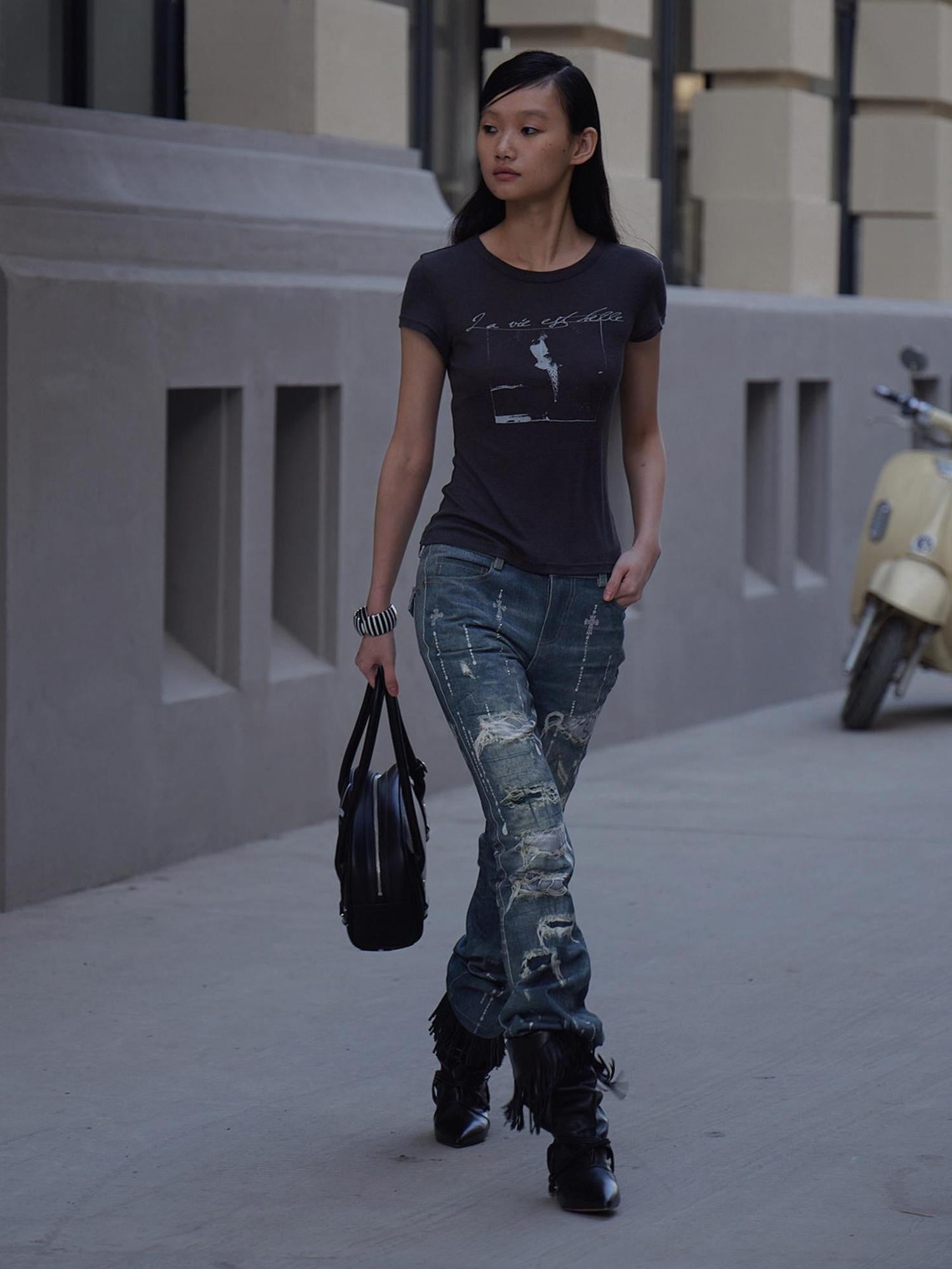 FayChui Rhinestone Print Distressed Straight Leg Women&