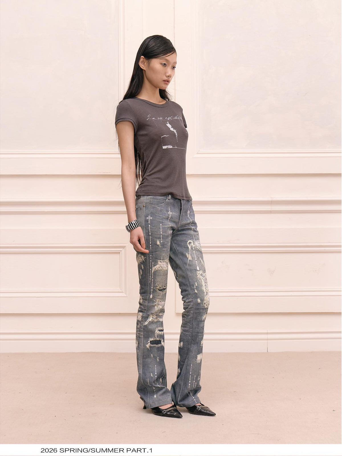 FayChui Rhinestone Print Distressed Straight Leg Women&