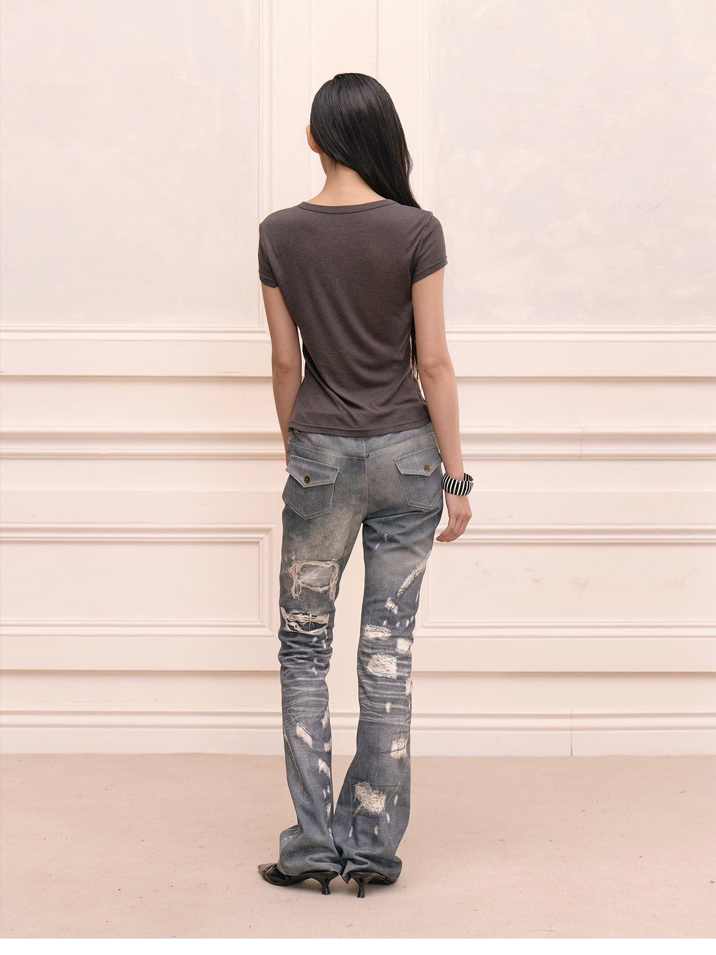 FayChui Rhinestone Print Distressed Straight Leg Women&