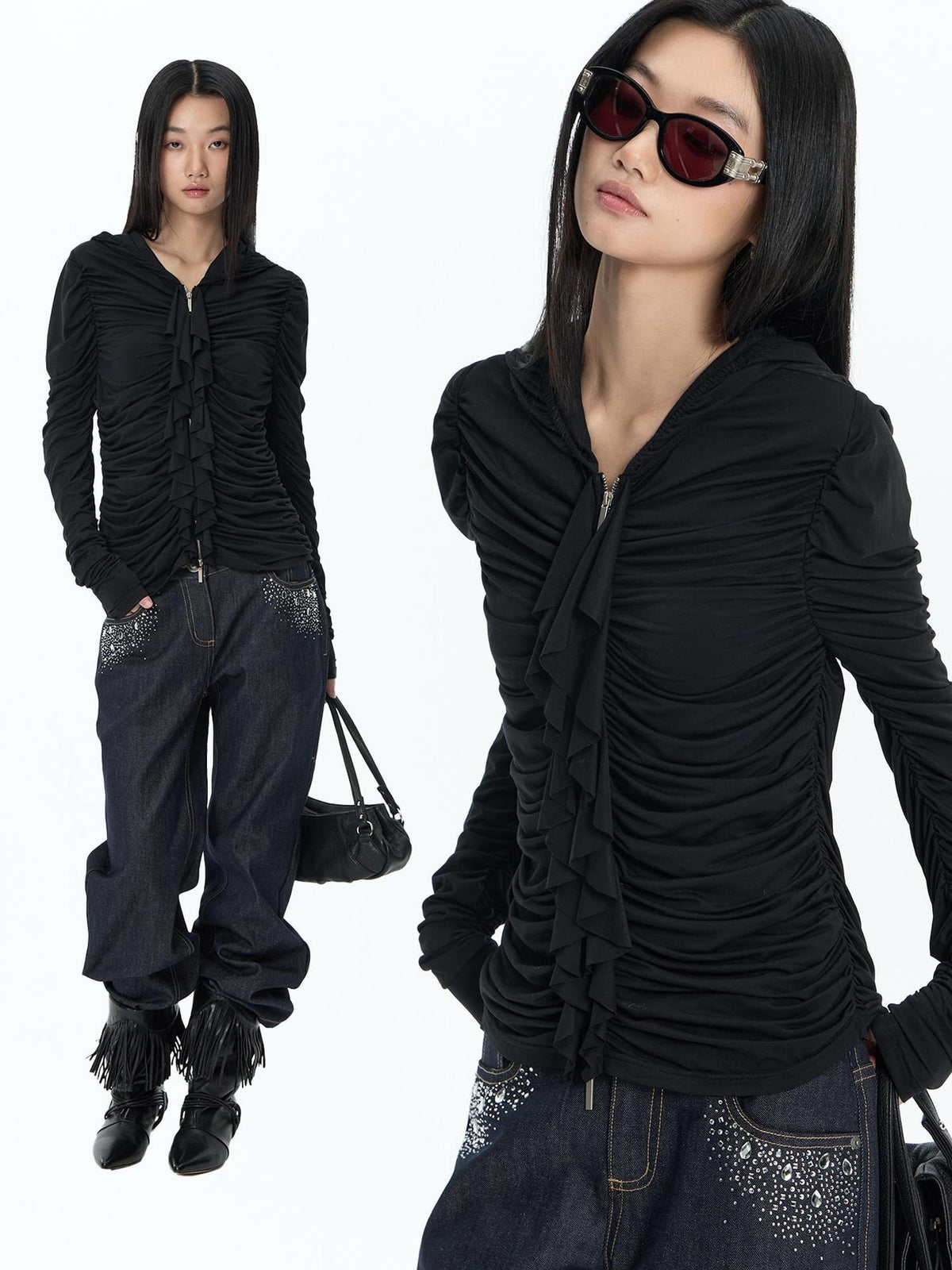FayChui Ruffle Trim Ruched Zip Up Slim Fit Modal Women&