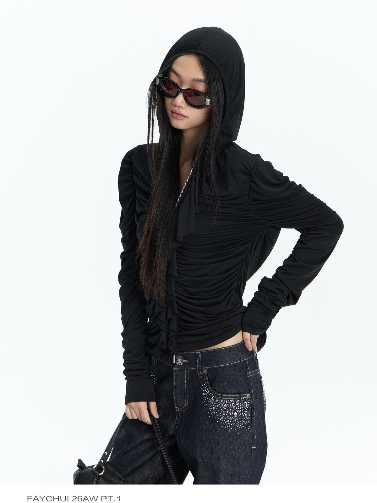 FayChui Ruffle Trim Ruched Zip Up Slim Fit Modal Women&