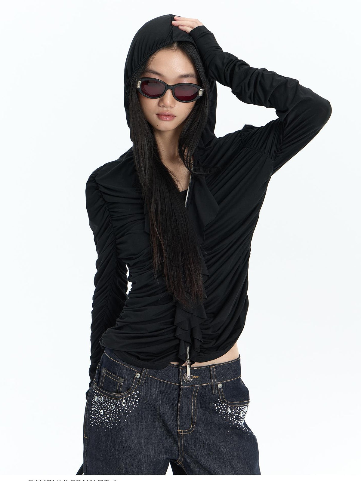 FayChui Ruffle Trim Ruched Zip Up Slim Fit Modal Women&