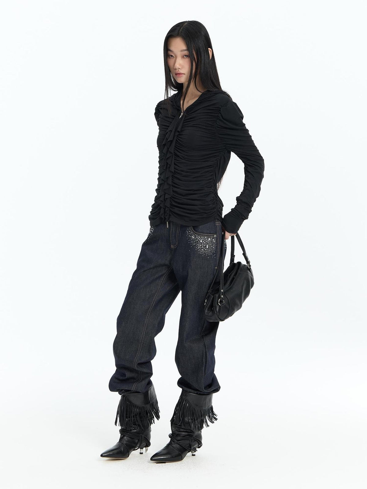 FayChui Ruffle Trim Ruched Zip Up Slim Fit Modal Women&