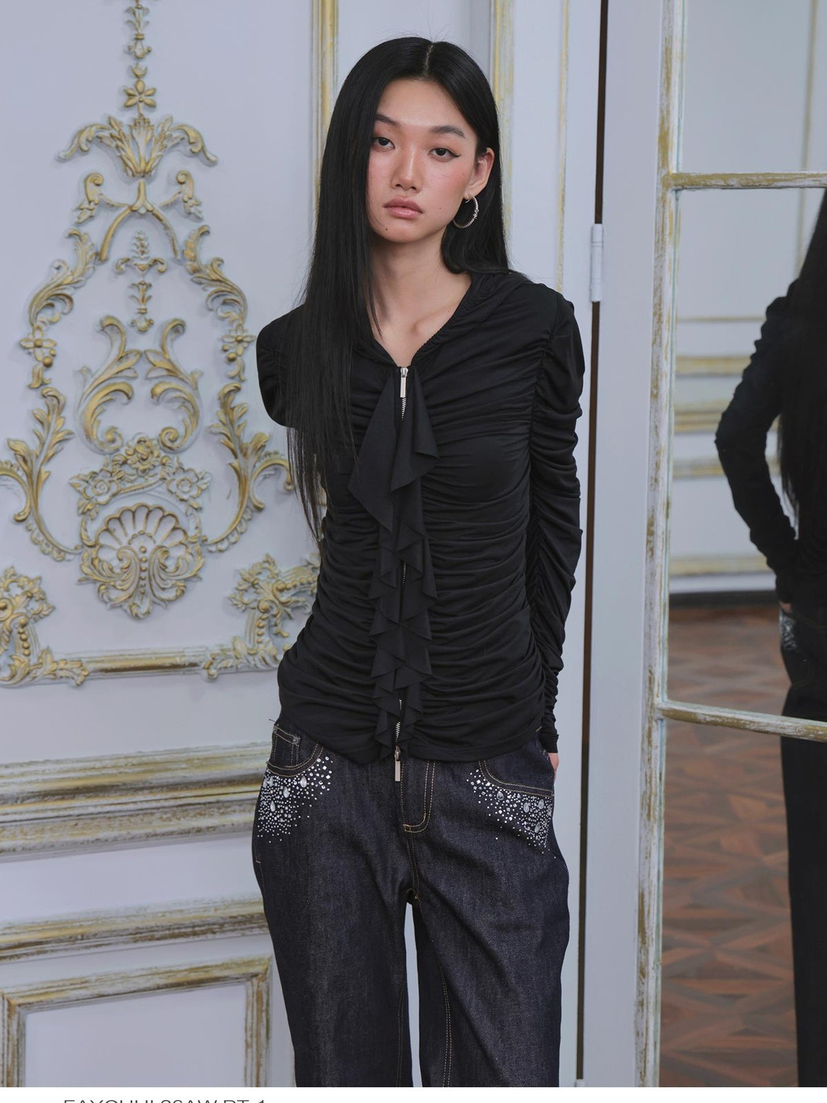 FayChui Ruffle Trim Ruched Zip Up Slim Fit Modal Women&