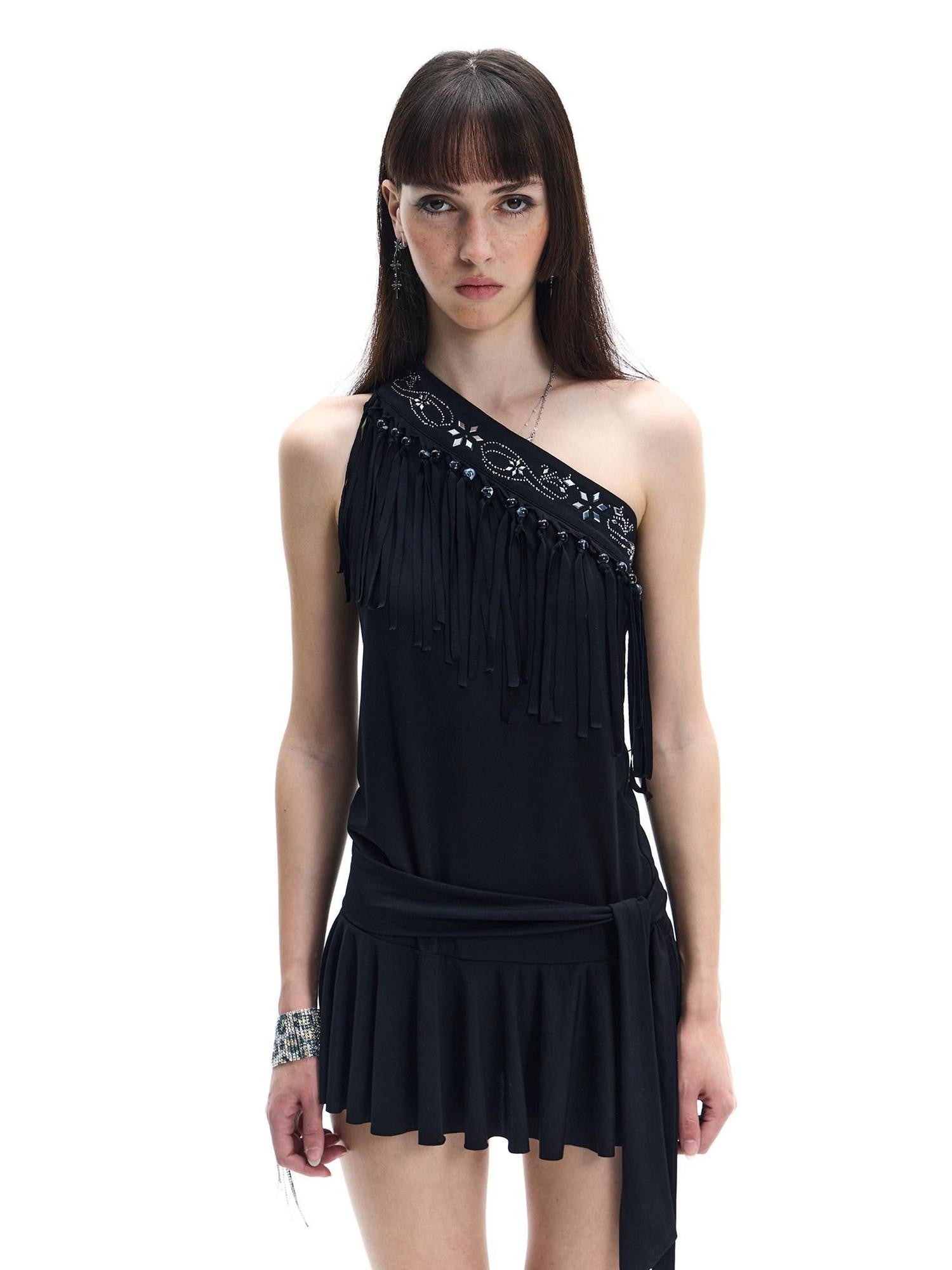 FayChui Sequin Beaded Tassel One Shoulder Women&