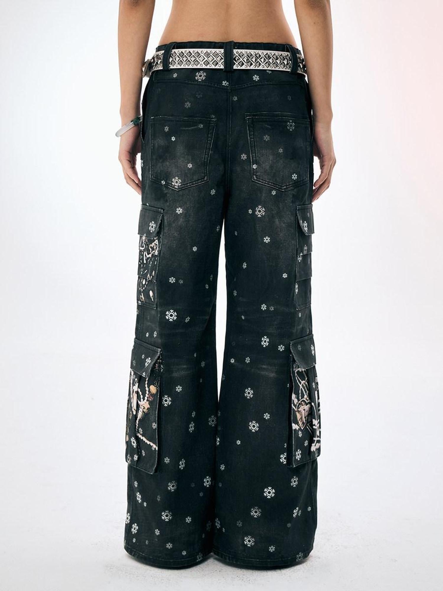 FayChui Snowflake Print Vintage Cargo Loose Women&