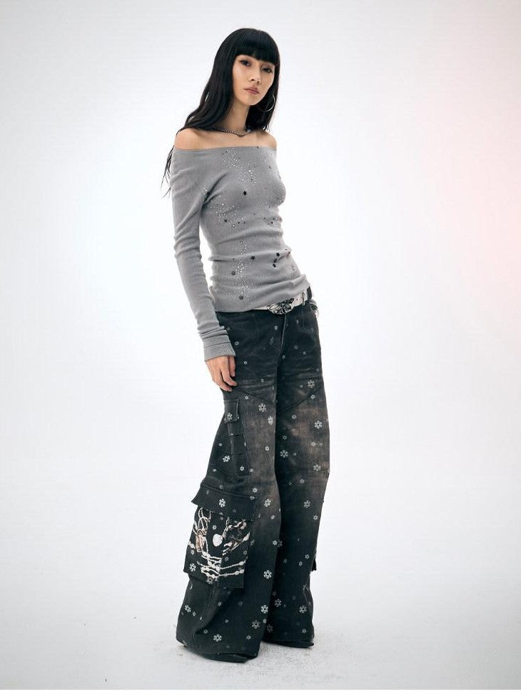 FayChui Snowflake Print Vintage Cargo Loose Women&