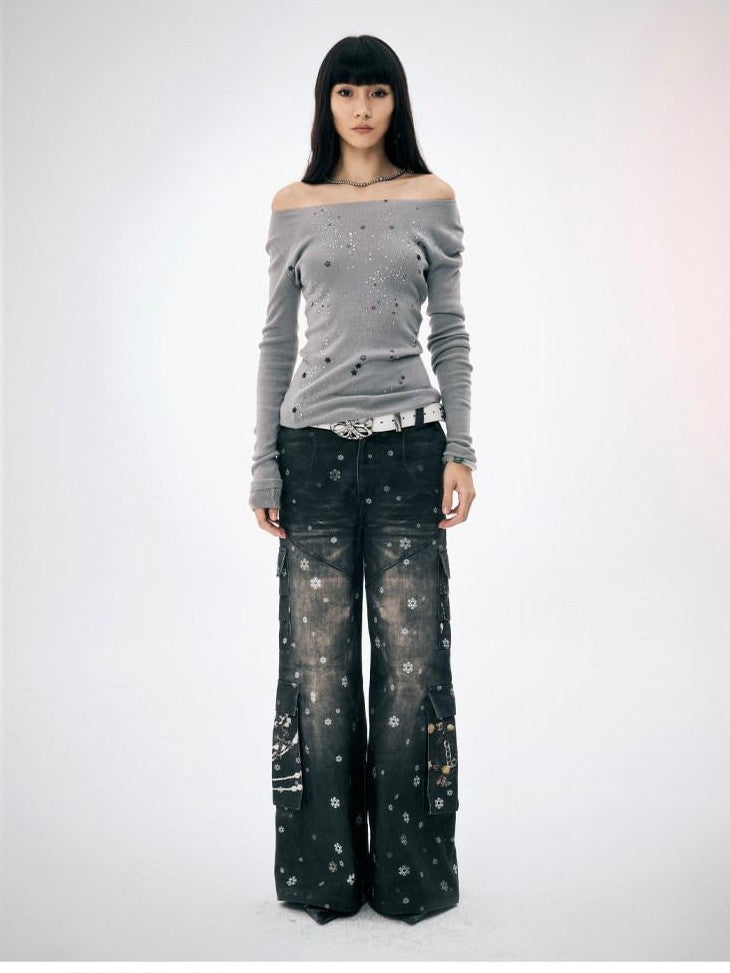 FayChui Snowflake Print Vintage Cargo Loose Women&