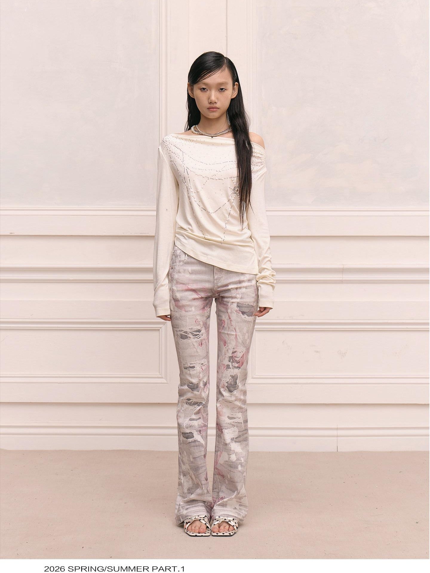 FayChui Soft Pink Pearl Bow Print Tie Dye Women&