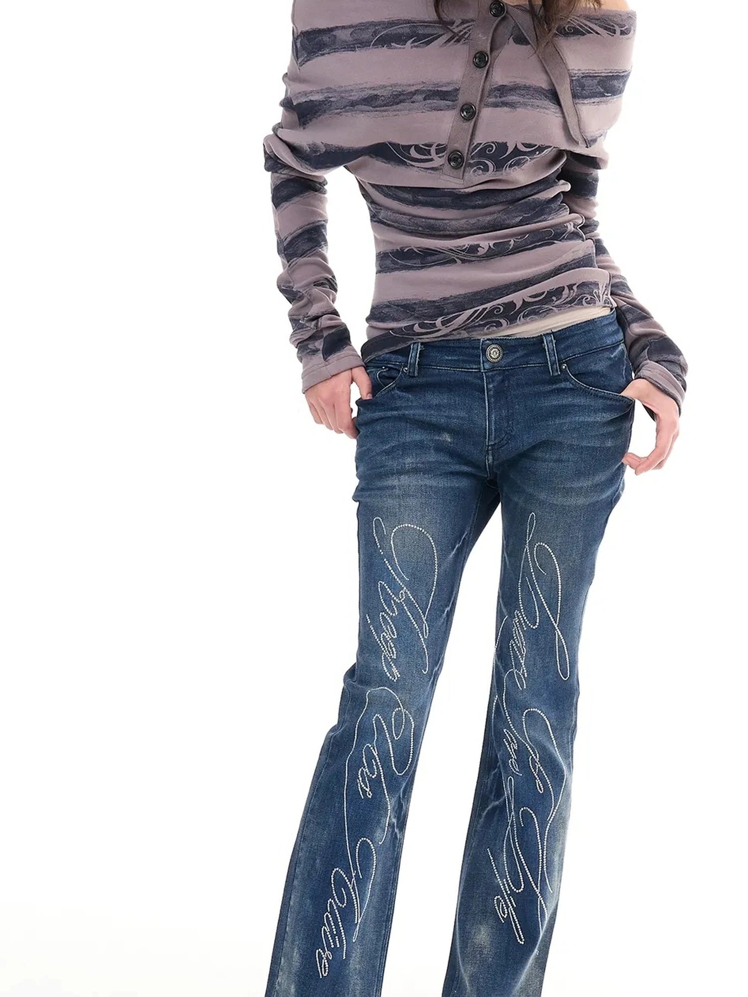 FayChui Stretch Flared Jeans With Hip Pads And Crystal Studs
