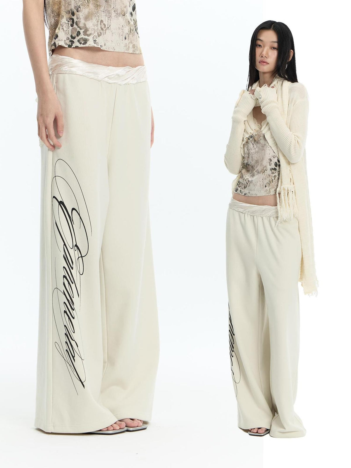 FayChui Textured Letter Print Straight Leg Acetate Satin Waist Women&