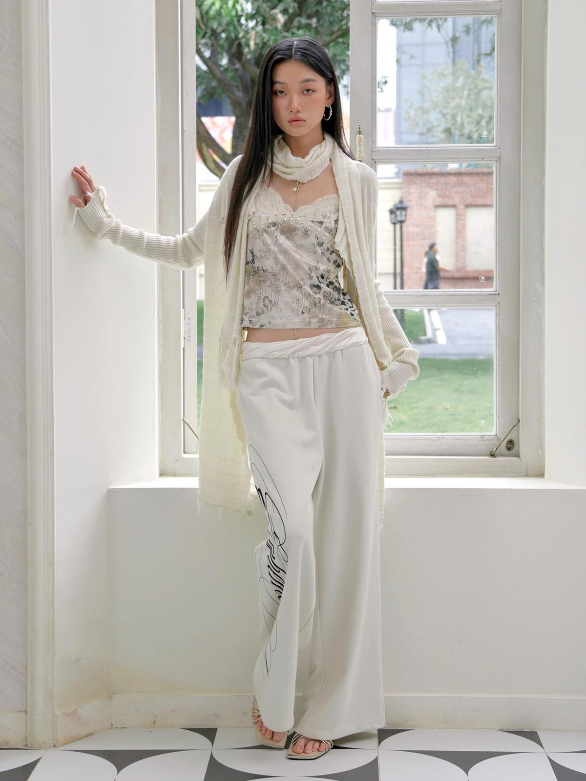 FayChui Textured Letter Print Straight Leg Acetate Satin Waist Women&