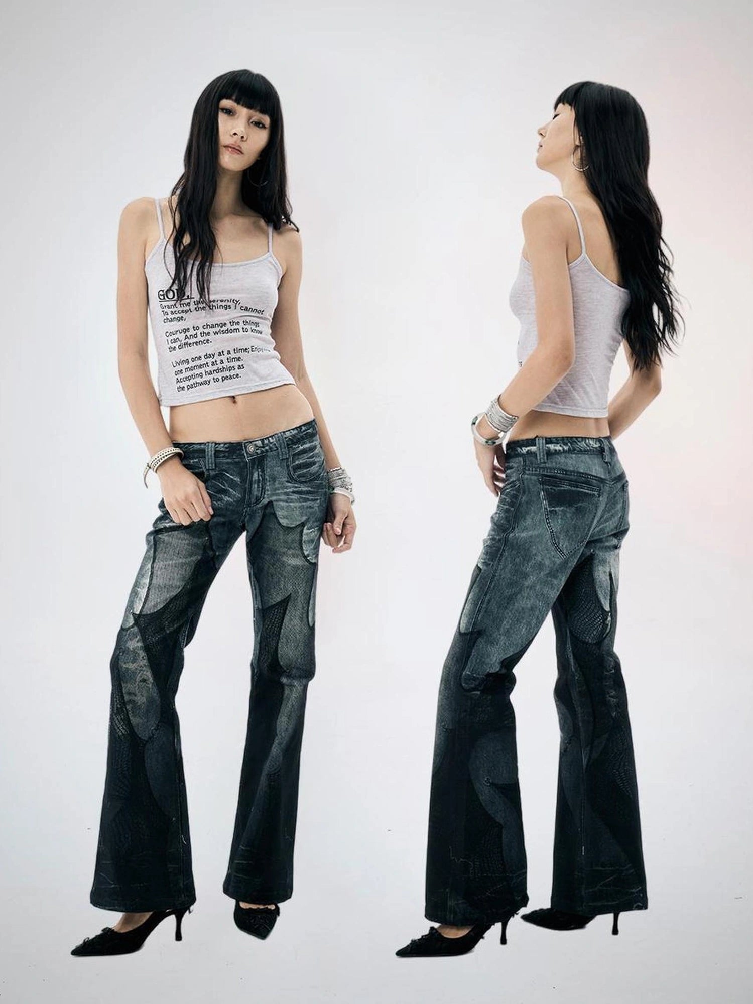 FayChui Vintage Black Mesh Flared Jeans