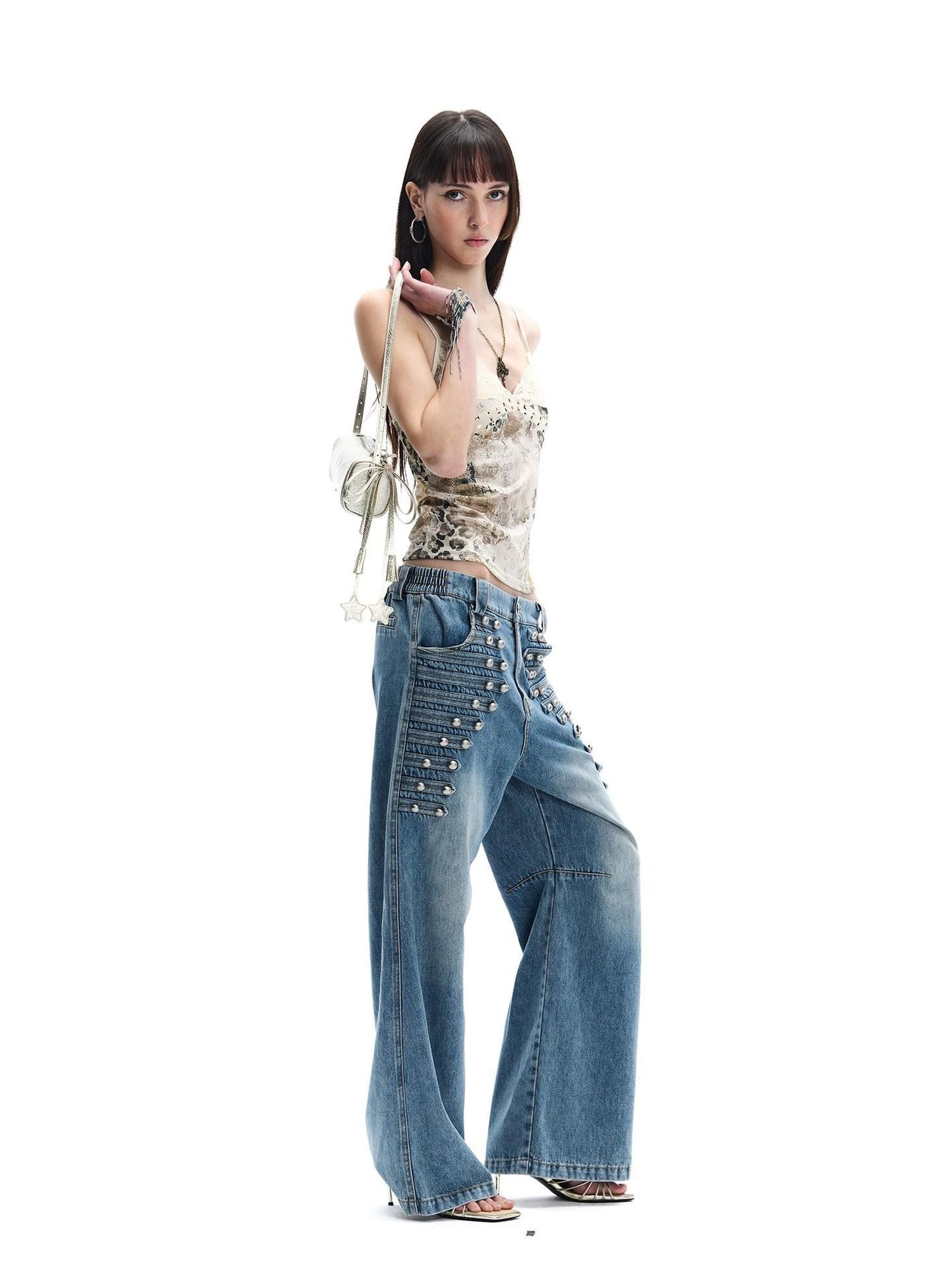 FayChui Vintage Button Front Rivet Washed Blue Women&