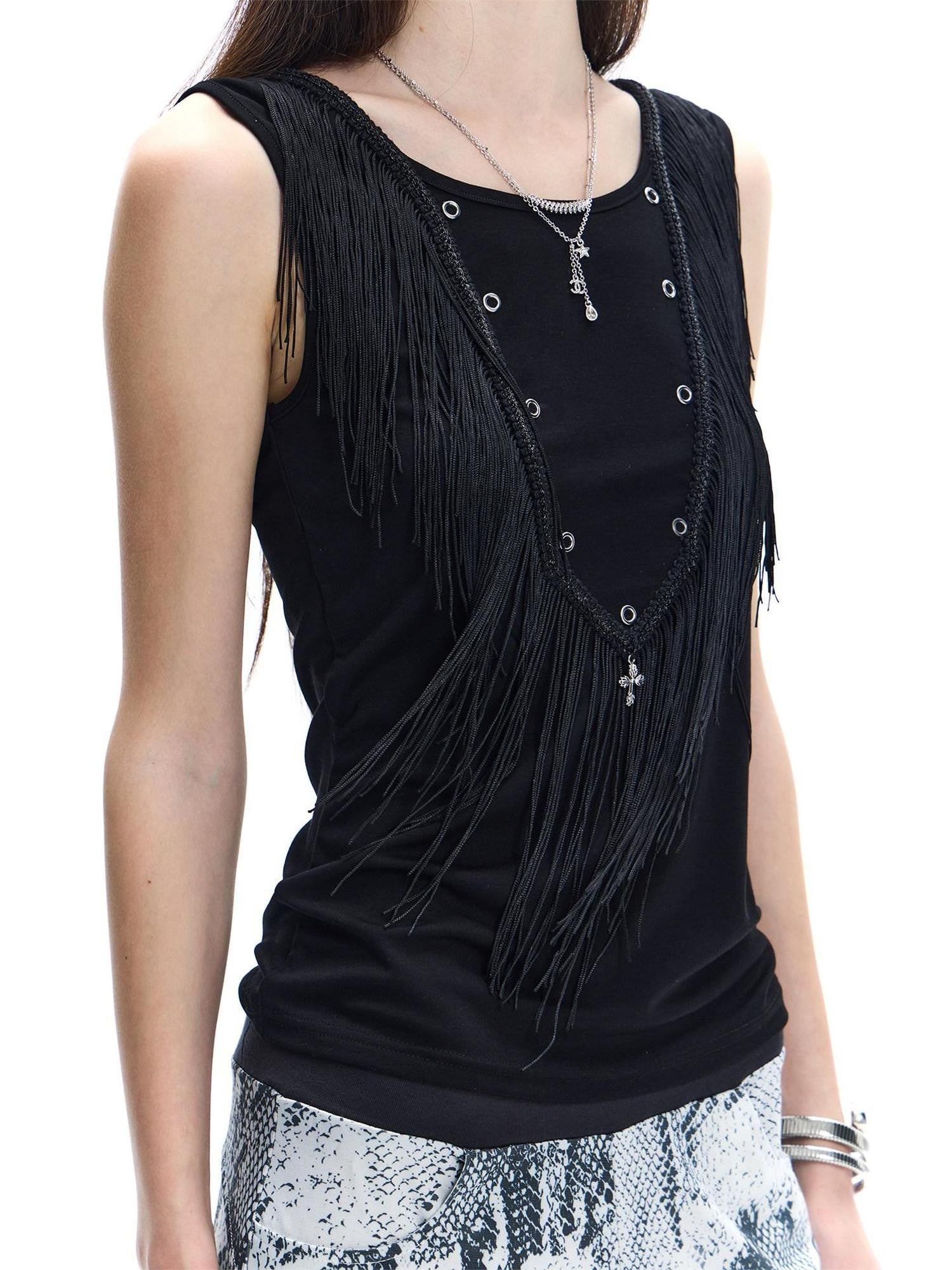 FayChui Vintage Fringe Metal Sequin Cross Rhinestone Women&