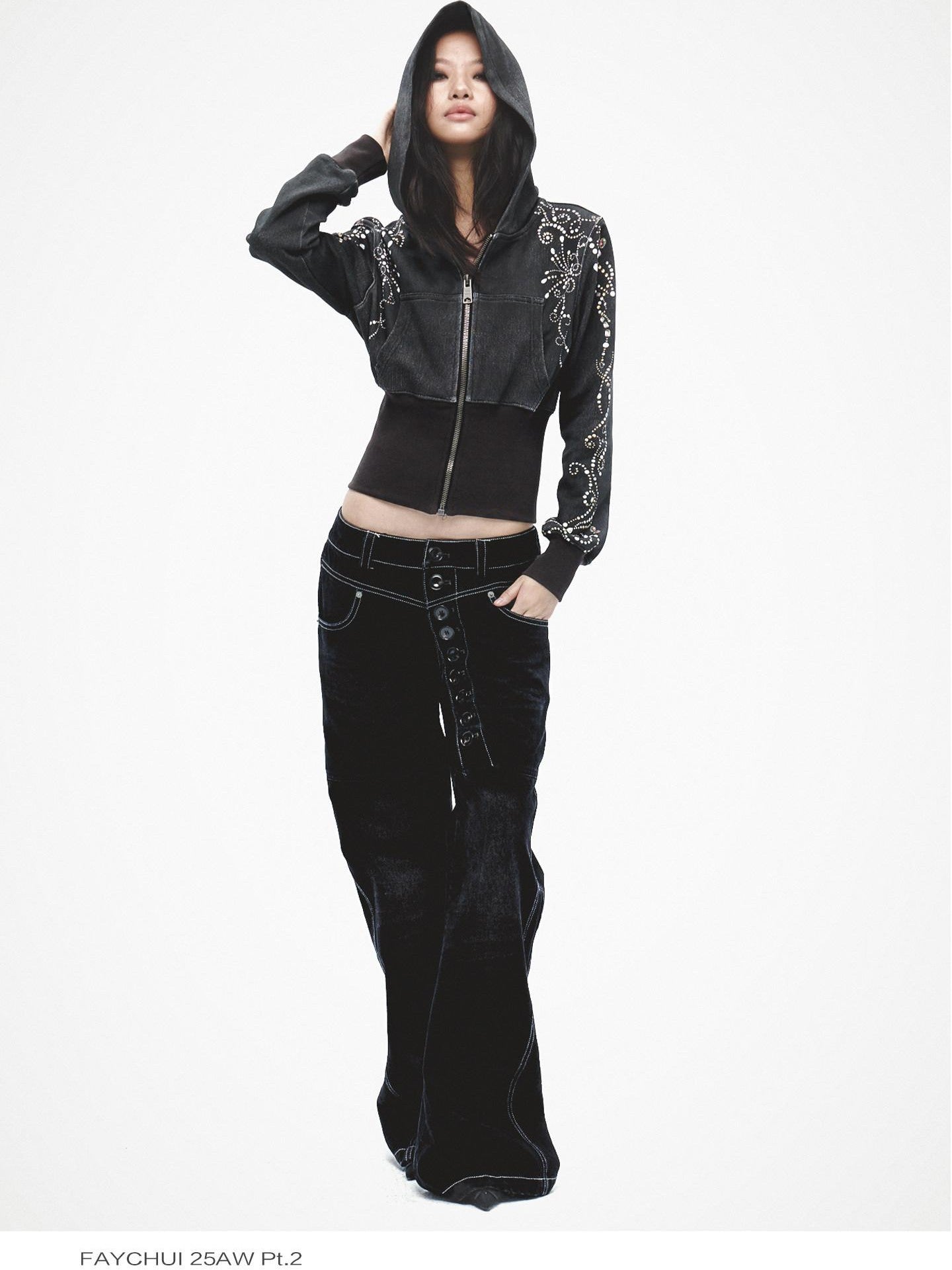 FayChui Vintage Gem Floral Print Ribbed Waist Cropped Women&