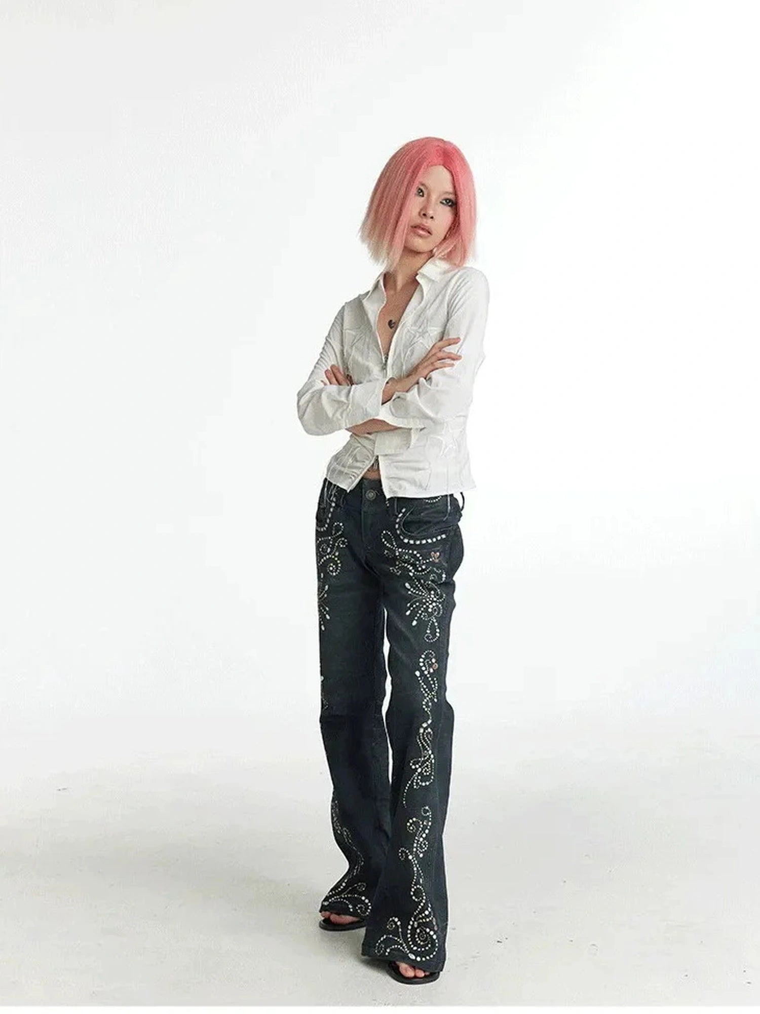 FayChui Vintage Gemstone Floral Print Flare Pants